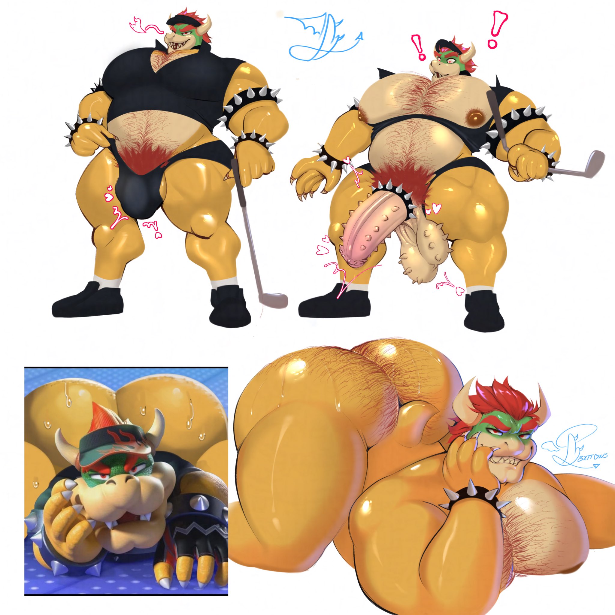 ass, ass hair, balls, bara, big ass, big ass (male), big butt, big butt (male), big moobs, bowser, bxttons, chest hair, dad bod, edited official artwork, edited screencap, exclamation, exclamation mark, exclamation sign, gay, hairy ass, hairy male, huge ass, koopa, male, mario (series), moobs, nintendo, nipples, penis, pose, posing, posing for the viewer, pubes, reference, reference image, ripped clothing, ripped shirt, seducing, seduction, seductive, seductive body, seductive eyes, seductive gaze, seductive look, seductive pose, seductive smile, small shirt, spiked balls, spiked cock ring, spiked collar, spiked penis, spiky cock, surprised, surprised expression, tagme, topwear, torn clothes, torn clothing, torn pantyhose, torn shirt, underwear, yaoi