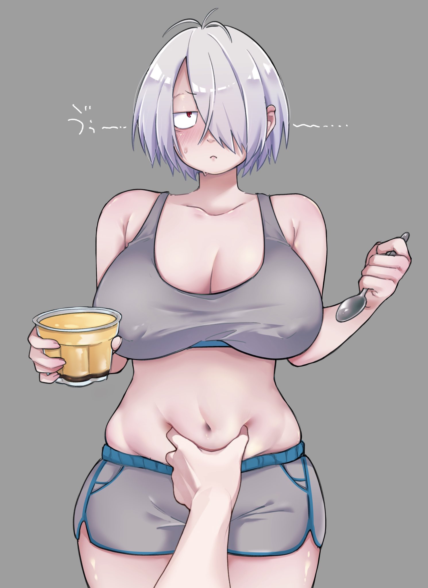 1girls, annoyed, belly grab, big breasts, blush, bra, breasts, cheek grabbing material (meme), cleavage, eating, embarrassed, female, female focus, female torso, food, gegege no kitarou, genderswap (mtf), groping, gym shorts, hair over one eye, half-closed eyes, kitarou tanjou gegege no nazo, light skin, light-skinned female, looking at viewer, mainasu, medama oyaji (human), meme, milf, nipple bulge, pale skin, pale-skinned female, plump, pov, pudding, rule 63, short hair, shorts, solo focus, sports bra, sweatdrop, white hair, wide hips, womb massage, womb stimulation
