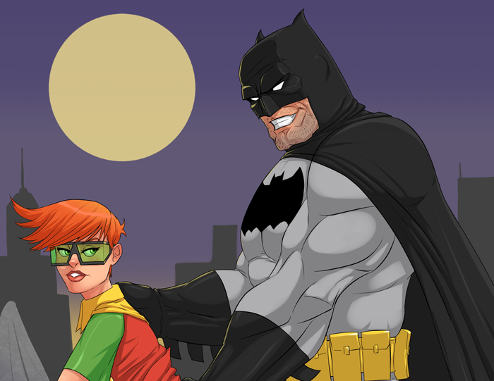 age_difference batman bruce_wayne carrie_kelley cityscape clothing cutaway dc dc_comics female flick glasses goggles green-tinted_eyewear human male night night_sky orange_hair outdoors redhead robin_(carrie_kelley) robin_(dc) sunglasses the_dark_knight_returns tinted_eyewear unknown_artist visor