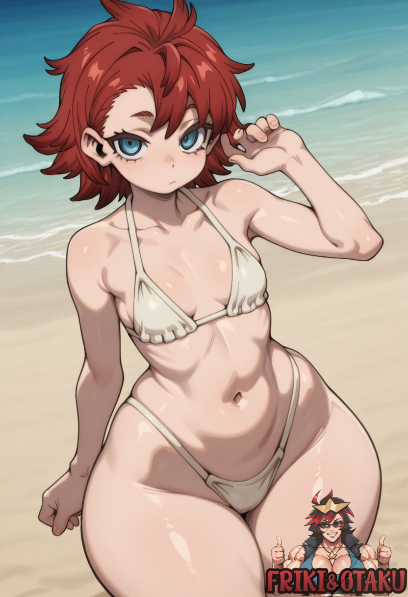 2d, ai generated, ass, bikini, breasts, female, friki8otaku, gachiakuta, huge ass, red hair, riyou reaper, sand, small breasts, tagme, wide hips
