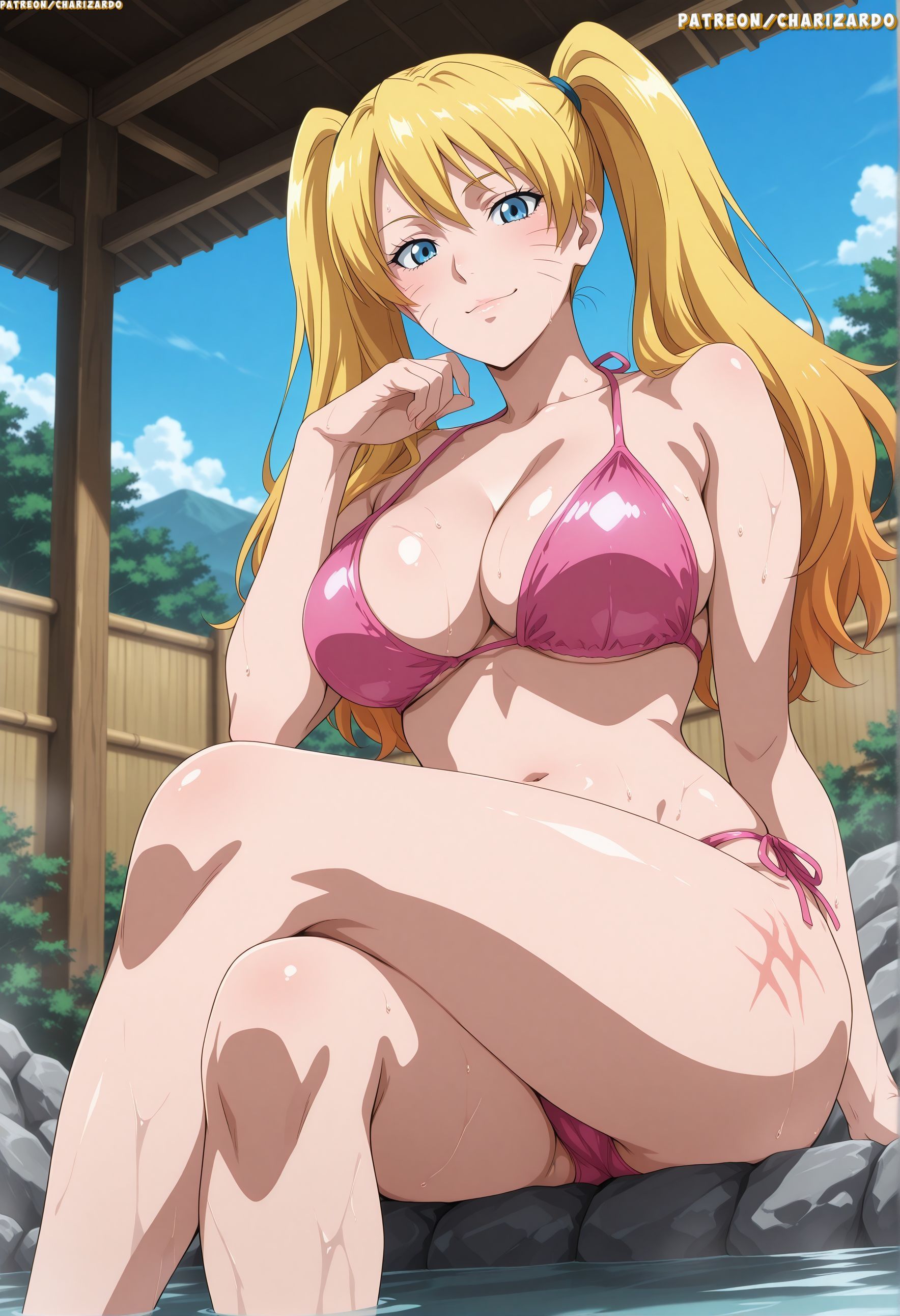 ai generated, blushing female, female, naruko, naruto (series), onsen, pink bikini, sitting cross legged
