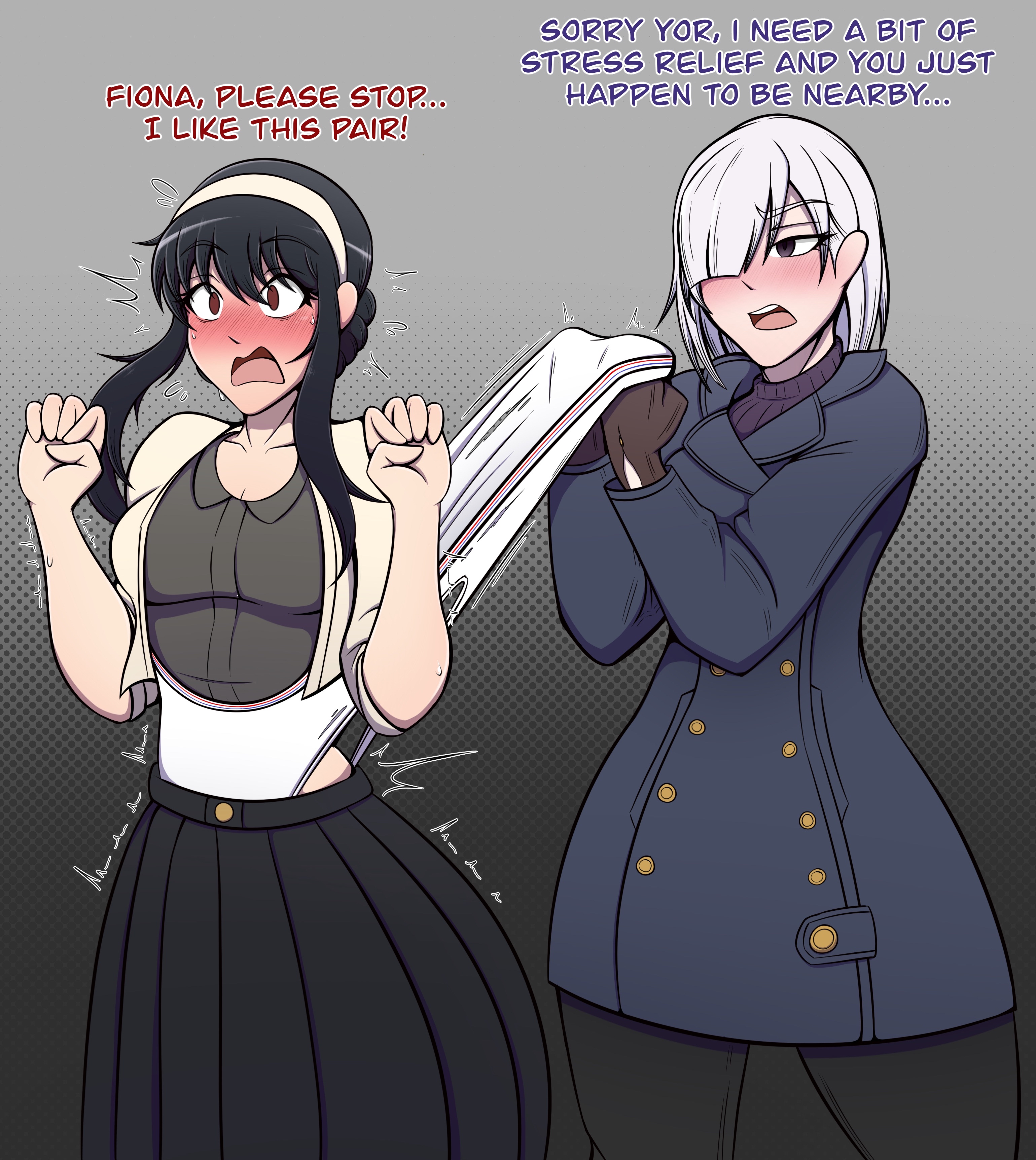 2025, 2girls, black hair, blush, english text, female, female only, fiona frost, gloves, hair over one eye, lolo mp3, long hair, multiple females, multiple girls, open mouth, panties, panty pull, purple eyes, red eyes, skirt, spy x family, standing, surprised, sweat, sweatdrop, tagme, text, thick thighs, thighs, trembling, wedgie, white hair, white panties, yor briar