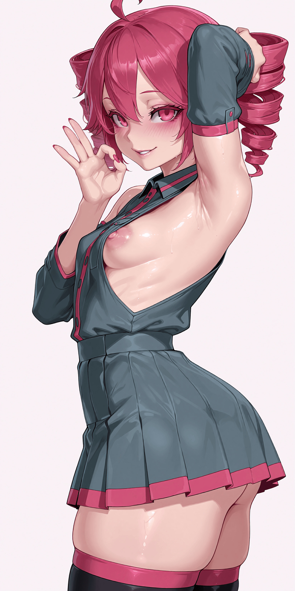 1girls, ahoge, ai generated, alternate version available, areola slip, areolae, arm behind head, arm up, armpit crease, armpit fetish, armpits, ass, big ass, big thighs, blush, breasts, curvaceous, curvy, curvy female, curvy figure, detached sleeves, don opuntior, exposed breasts, fat thighs, fellatio gesture, female, female only, horny, horny female, huge ass, huge thighs, kasane teto, large ass, large thighs, midriff, miniskirt, nail polish, nipples, no bra, painted nails, raised arm, red eyes, red hair, red nails, seductive, seductive look, shaved armpit, shiny skin, sideboob, simple background, skindentation, skirt, small breasts, solo, solo female, thick thighs, thigh squish, thighhighs, thighs, twin drills, underass, utau, white background, wide hips