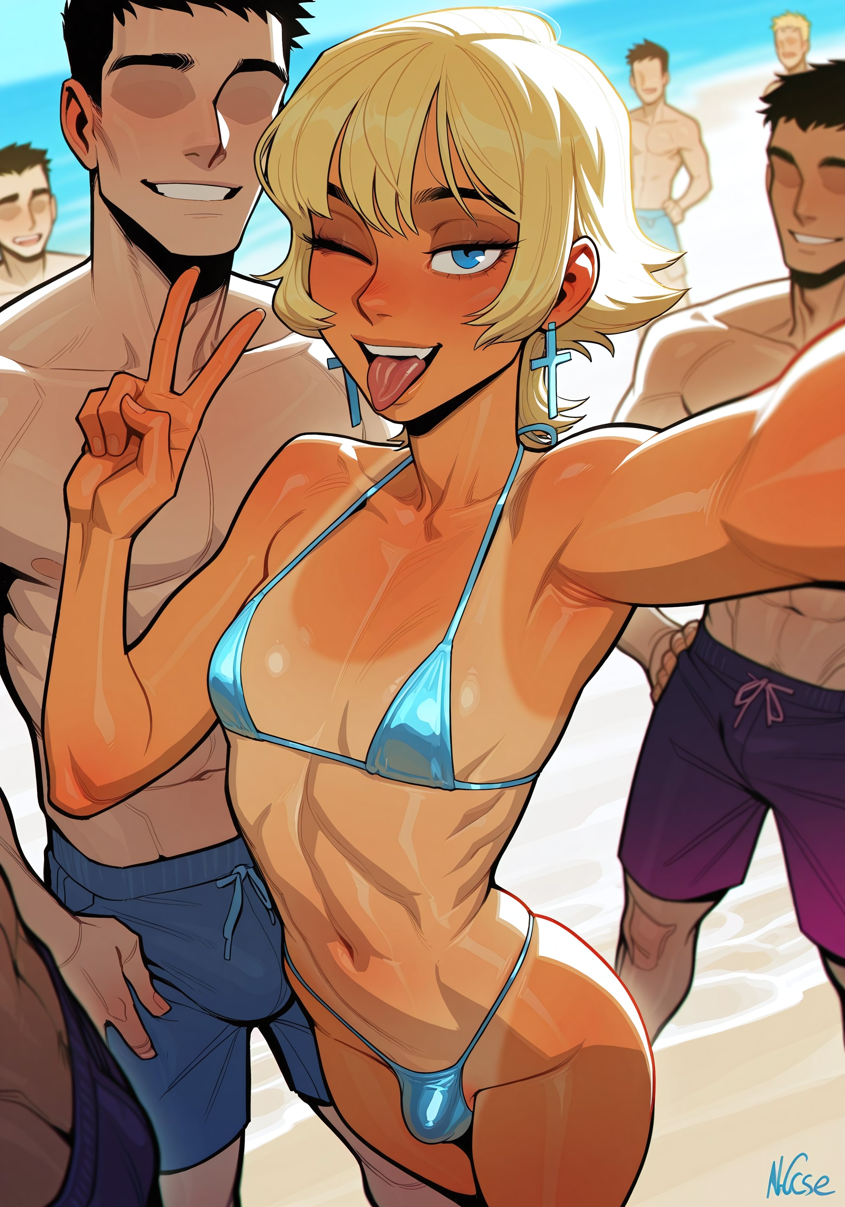 1femboy, 2025, ai generated, aqua bikini, aqua bikini bottom, aqua bikini top, aqua eyes, beach, blonde hair, bulge, civitai, earrings, eyebrows, femboy, feminine male, girly, hourglass figure, josh (quack10069), male, multiple boys, multiple males, one eye closed, original, outdoors, outside, peace sign, quack10069, selfie, tan, tan body, tan skin, tan-skinned femboy, tanline, tanlines, tanned, tanned skin, thick thighs, thighs, tongue, tongue out, trap, v, v sign, wide hips, wink, winking, winking at viewer, wolf cut