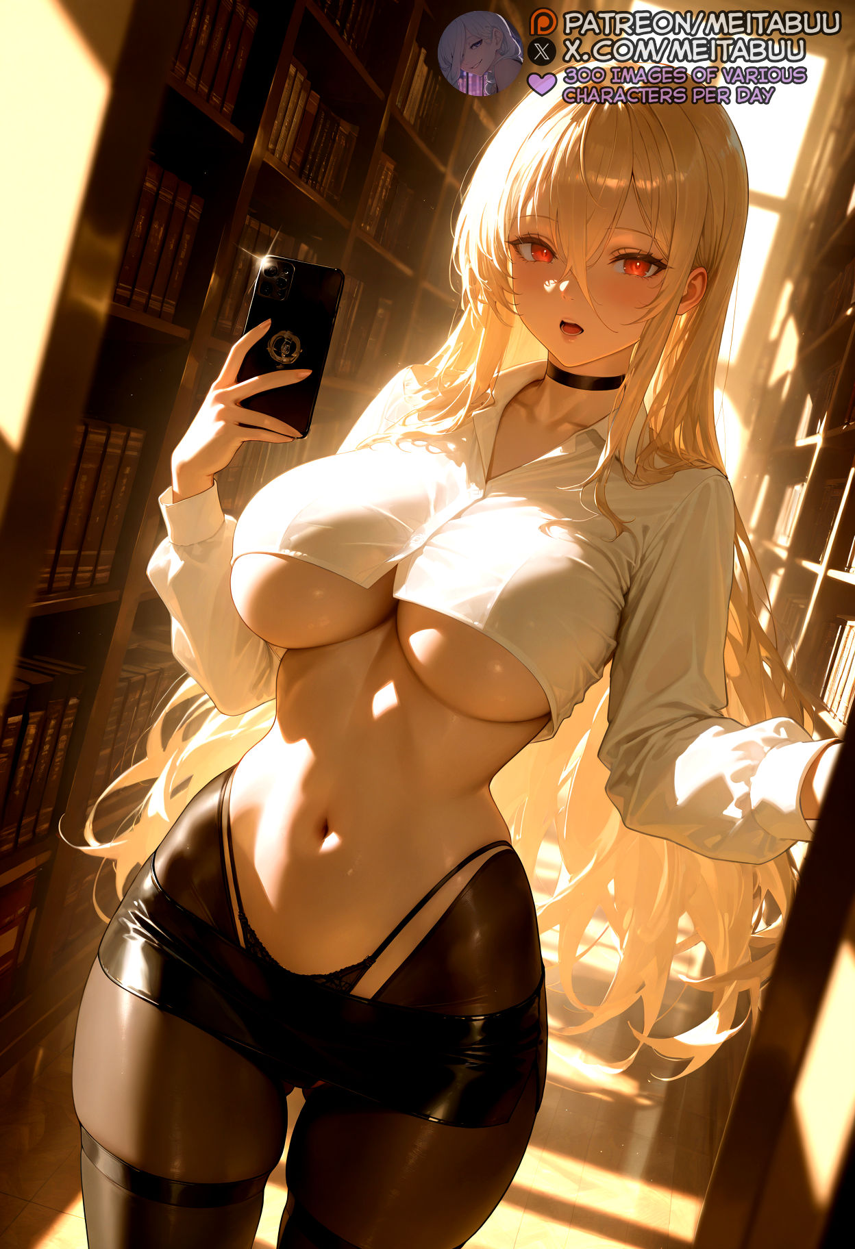  long hair, ai generated, ass visible through thighs, azur lane, black choker, black panties, black pantyhose, black skirt, blonde hair, book, bookshelf, breasts, brown pantyhose, cellphone, choker, collarbone, collared shirt, crop top, cropped shirt, female, hair between eyes, high-waist pantyhose, highleg, highleg panties, holding, holding phone, implacable (azur lane), indoors, large breasts, library, long hair, long sleeves, looking at viewer, meitabuu, microskirt, midriff, miniskirt, navel, no bra, open mouth, panties, panties under pantyhose, panty straps, pantyhose, pencil skirt, phone, red eyes, selfie, shirt, skindentation, skirt, smartphone, solo, standing, stomach, string panties, sunlight, thigh gap, thighhighs, thighs, thong, underboob, underwear, white shirt, wide hips