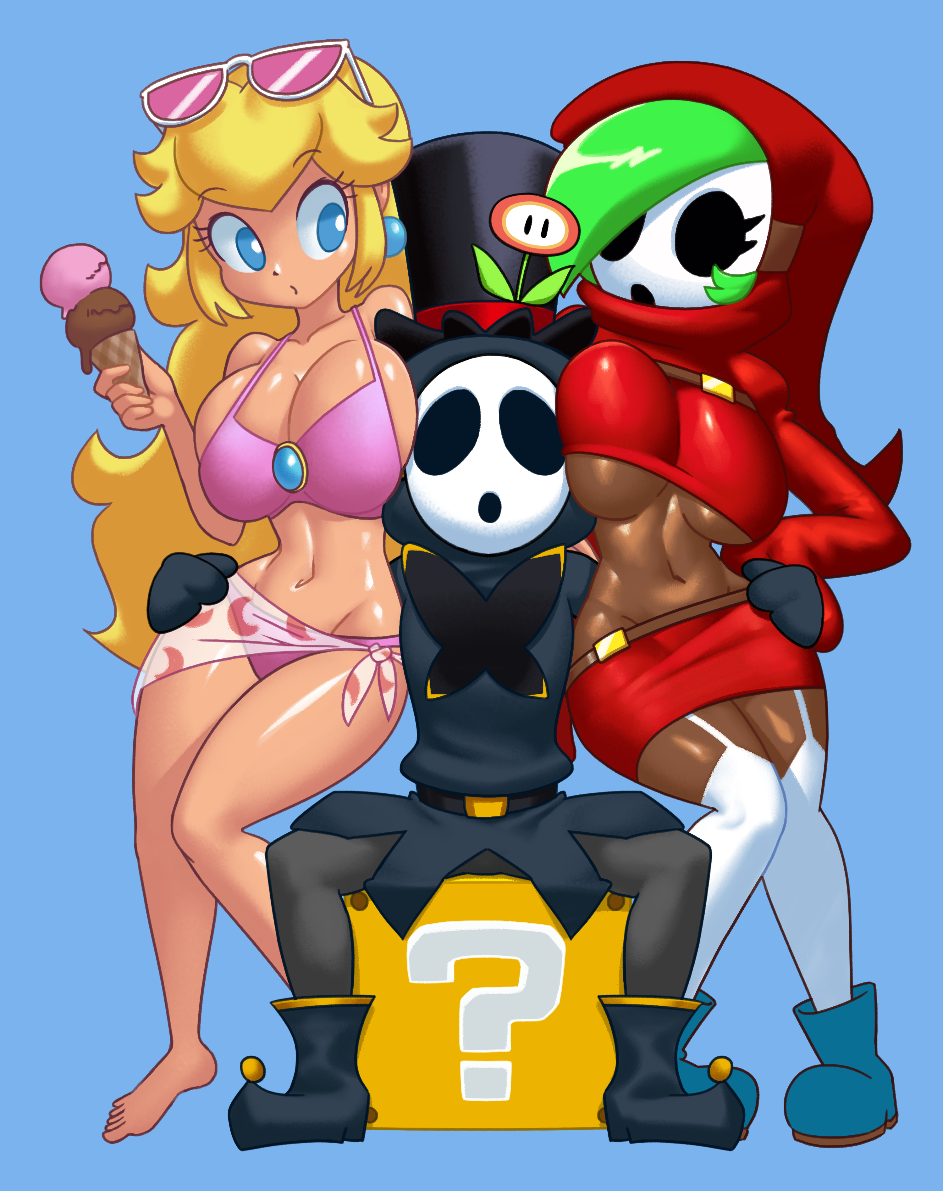 1boy, 2girls, anti groove, belt, breasts, clothing, female, green hair, hoodie, ice cream, male, mario (series), mask, minus8, navel, nintendo, open mouth, pink bikini, princess peach, princess peach (swimwear), red clothing, shy gal, shy guy, simple background, sitting, standing, straight, super mario bros. 2, teeth, thighs, underboob, w arms, white background