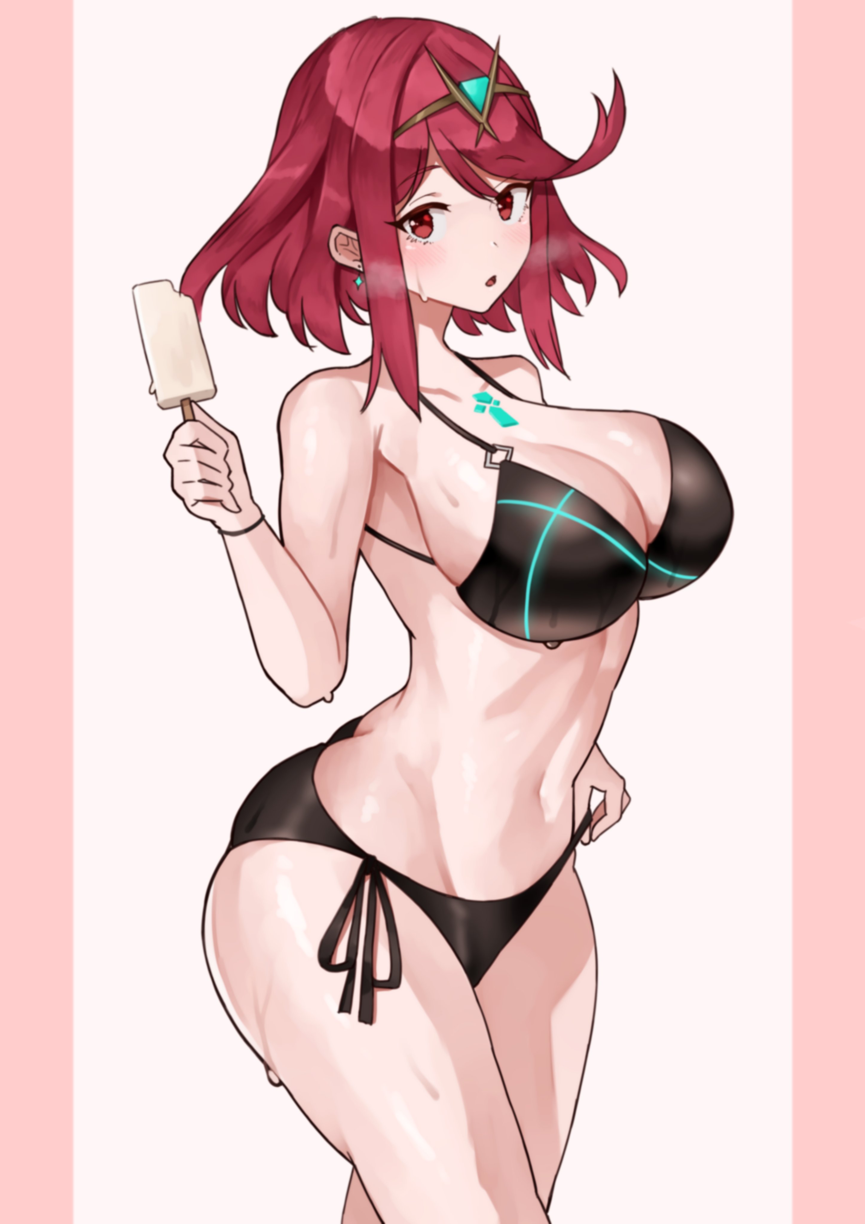 1girls, black bikini, black swimsuit, breasts, core crystal, female, hourglass figure, ice cream, large breasts, light skin, light-skinned female, looking at viewer, oniisan02b, pyra, pyra (xenoblade), red eyes, red hair, shiorino mani (artist), sweatdrop, tiara, xenoblade (series), xenoblade chronicles 2, yotsuhauni