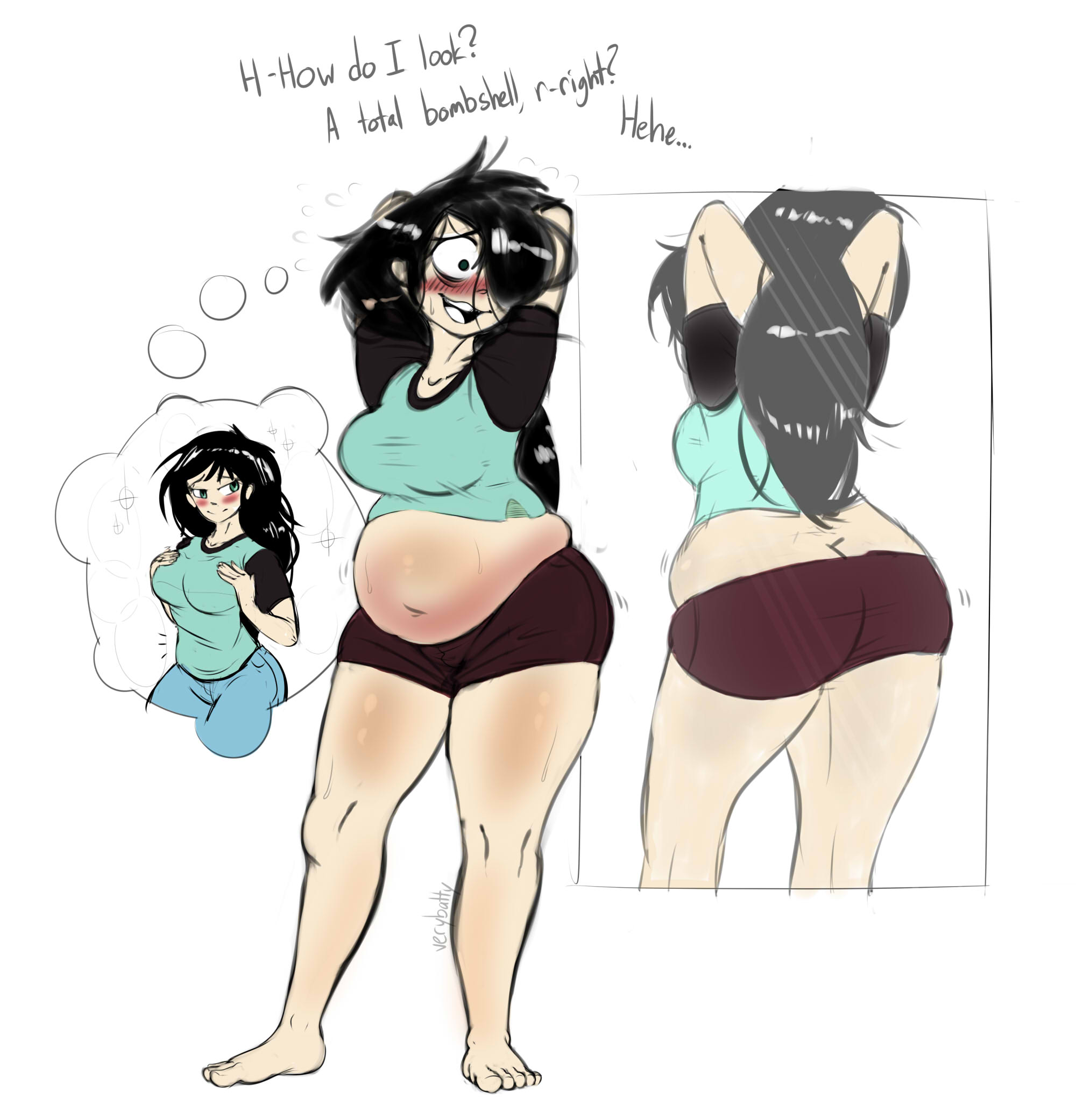 1girls, ass, ass crack, bbw, belly, belly button, big ass, big breasts, big butt, big hipped, big hips, big navel, big thighs, black hair, blush, blush lines, breasts, butt crack, child bearing hips, clothed, clothing, cute, cute expression, cute face, cute female, dark hair, digital drawing (artwork), digital media (artwork), emerald eyes, english text, exposed belly, exposed belly button, exposed fat belly, fantasizing, fat, fat ass, fat belly, fat butt, fat female, fat thighs, feet, female, female focus, female only, green eyes, hair, hair over one eye, hips, huge ass, huge breasts, huge butt, huge hips, huge thighs, kuroki tomoko, large ass, large butt, light body, light skin, light-skinned female, long hair, messy, messy hair, mirror, mirror reflection, navel, open mouth, overweight, overweight female, plump, plump ass, plump boobs, plump breasts, plump butt, plump female, plump thighs, reflection, signature, simple background, sweat, sweatdrop, sweating, sweating female, sweaty, sweaty belly, sweaty body, sweaty female, sweaty legs, sweaty thighs, text, thick, thick ass, thick body, thick boobies, thick boobs, thick booty, thick butt, thick female, thick legs, thick lips, thick thighs, thighs, toes, verybatty, watashi ga motenai no wa dou kangaetemo omaera ga warui!, white background, wide hipped female, wide hips, wide thighs