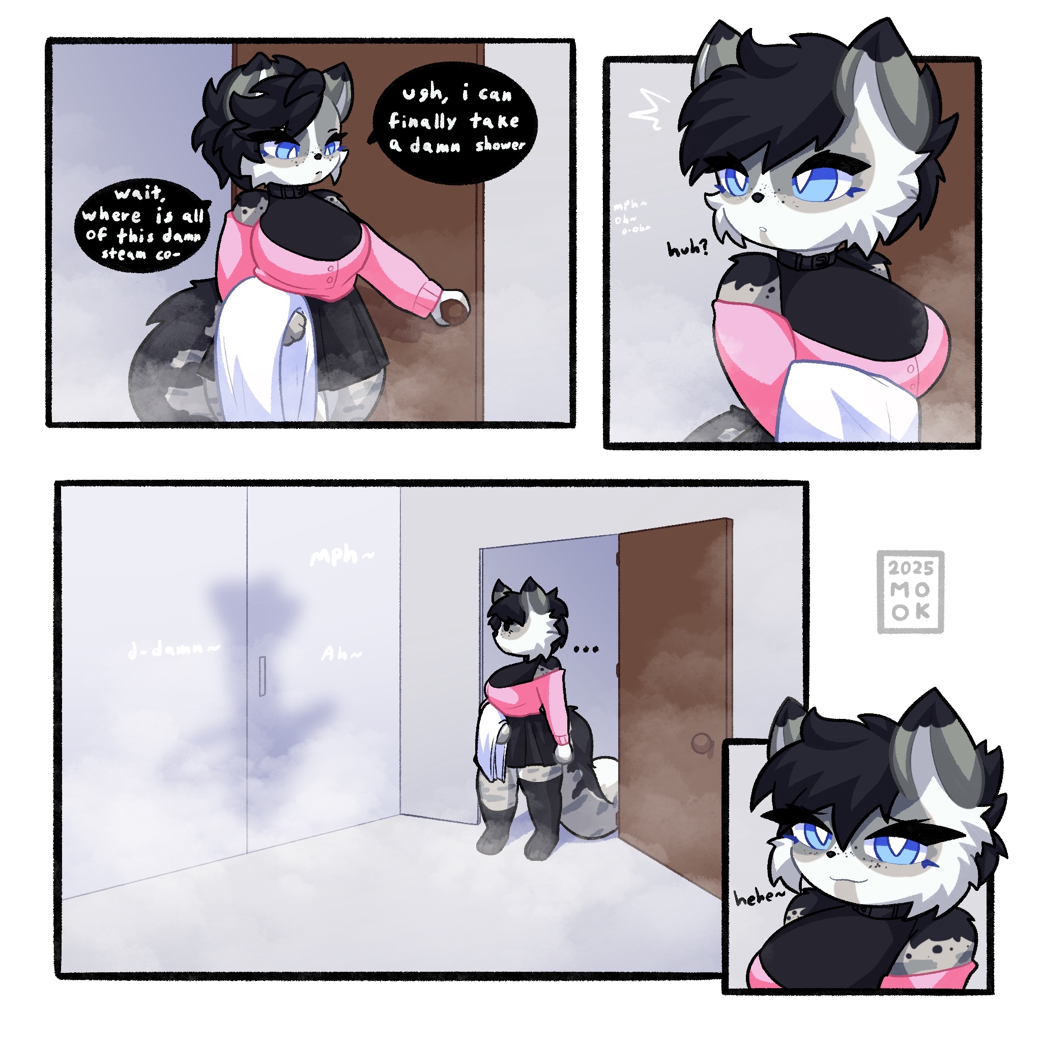 anthro, blue eyes, clothes, comic, comic page, commission, dialogue, fluffy, fluffy tail, fox, furry, goth, kris (mookkzhy), lumi (airilinth), mookkzhy, noises, obscured masturbation, oc, shower, steam, suggestive, thick thighs