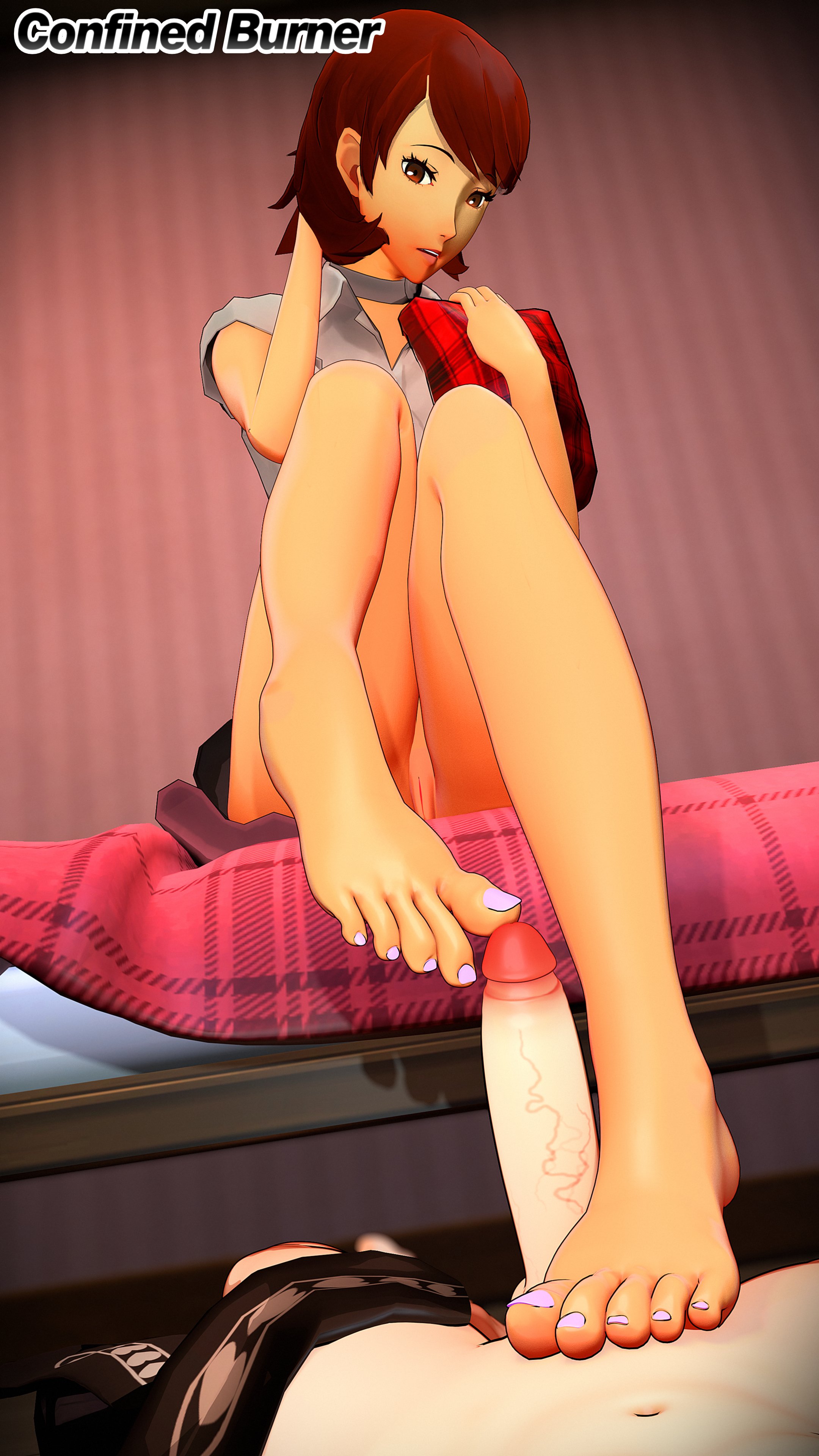 3d, 3d (artwork), barefoot, confinedburn, feet, female, foot fetish, footjob, persona, persona 3, yukari takeba