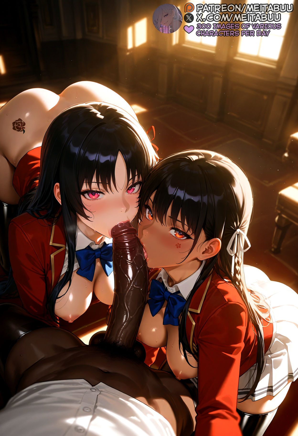  dark skin, 1boy, 2girls, ai generated, ass, balls, black hair, black thighhighs, blazer, blue bow, blue bowtie, blush, bottomless, bow, bowtie, braid, breasts, breasts out, classroom of the elite, clone, collared shirt, cooperative fellatio, dark skin, dark-skinned male, erection, fellatio, female, ffm threesome, group sex, hair ribbon, horikita suzune, indoors, interracial, jacket, large breasts, large penis, licking, licking penis, long hair, long sleeves, looking at viewer, male, medium breasts, meitabuu, multiple girls, nipples, open clothes, open jacket, oral, penis, pleated skirt, pov, pubic hair, red eyes, red jacket, ribbon, school uniform, shirt, skirt, straight, tattoo, teamwork, testicles, thighhighs, threesome, tongue, tongue out, uncensored, veins, veiny penis, white ribbon, white shirt, white skirt
