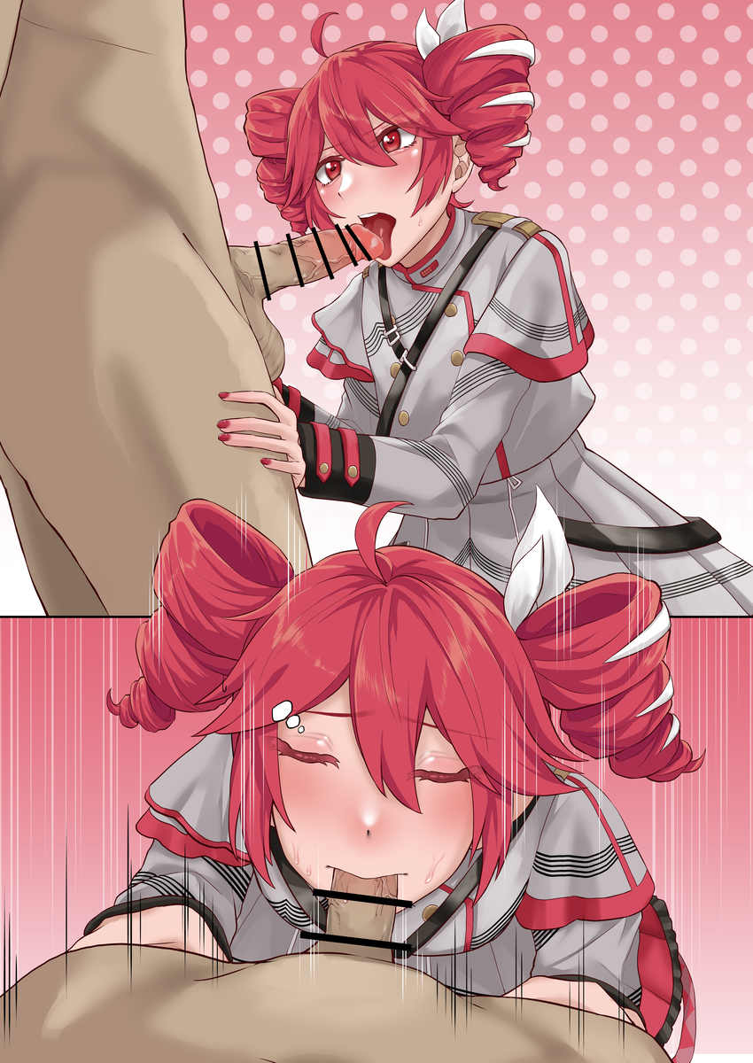 1boy, 1girls, 2d, 2d (artwork), ahoge, alternate version available, blowjob, blush, censored, censored penis, closed eyes, clothed, clothed female, clothed female nude male, clothing, comic, fellatio, female, fully clothed, hair ornament, hairbow, haohaoronglan, kasane teto, kasane teto (sv), licking, licking penis, male, motion lines, nail polish, no text version, nude, nude male, open mouth, oral, oral sex, painted nails, penis, red eyes, red hair, red nails, sex, simple background, straight, sweat, sweating, synthesizer v, tongue, tongue out, twin drills, utau, veiny penis