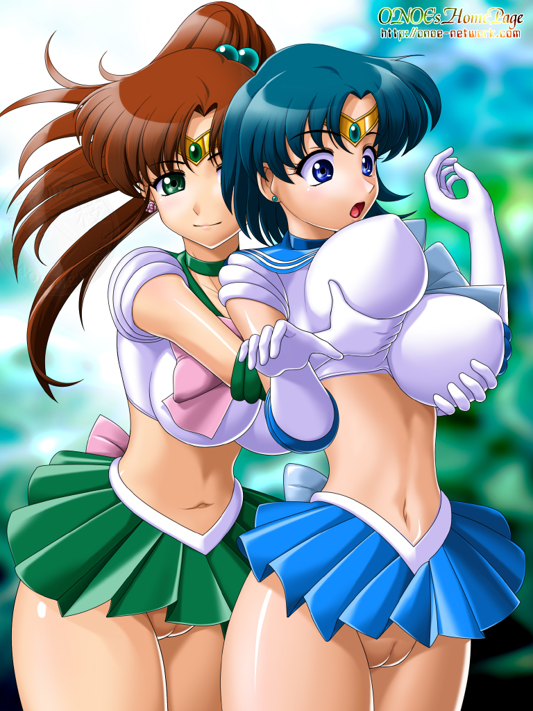 2girls ami_mizuno bishoujo_senshi_sailor_moon blue_hair breast_grab breasts brown_hair clothing erect_nipples erect_nipples_under_clothes female female_only human innie_pussy large_breasts makoto_kino multiple_females multiple_girls onoe pussy sailor_jupiter sailor_mercury smile uncensored yuri