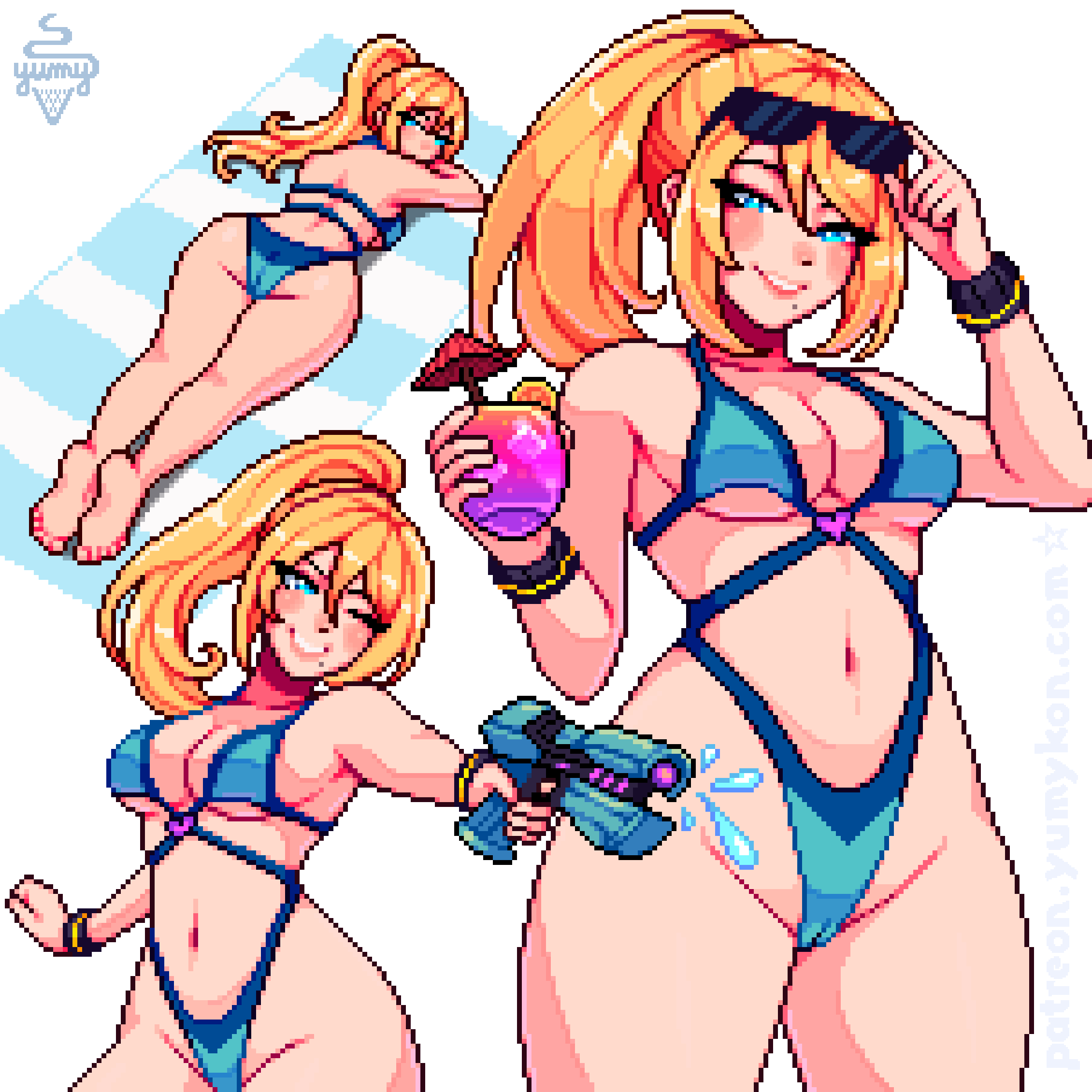 1girls artist_name aseprite_(medium) ass barefoot bikini blonde_hair blue_eyes breasts cameltoe cleavage commentary completion_time cup drink english_commentary eyewear_on_head feet female gun high_ponytail highres holding holding_cup holding_drink holding_gun holding_weapon large_breasts long_hair looking_at_viewer looking_back metroid mole mole_under_mouth multiple_views navel paid_reward_available parted_lips pixel_art ponytail samus_aran simple_background smile soles swimsuit toes weapon web_address white_background wide_hips yumykon