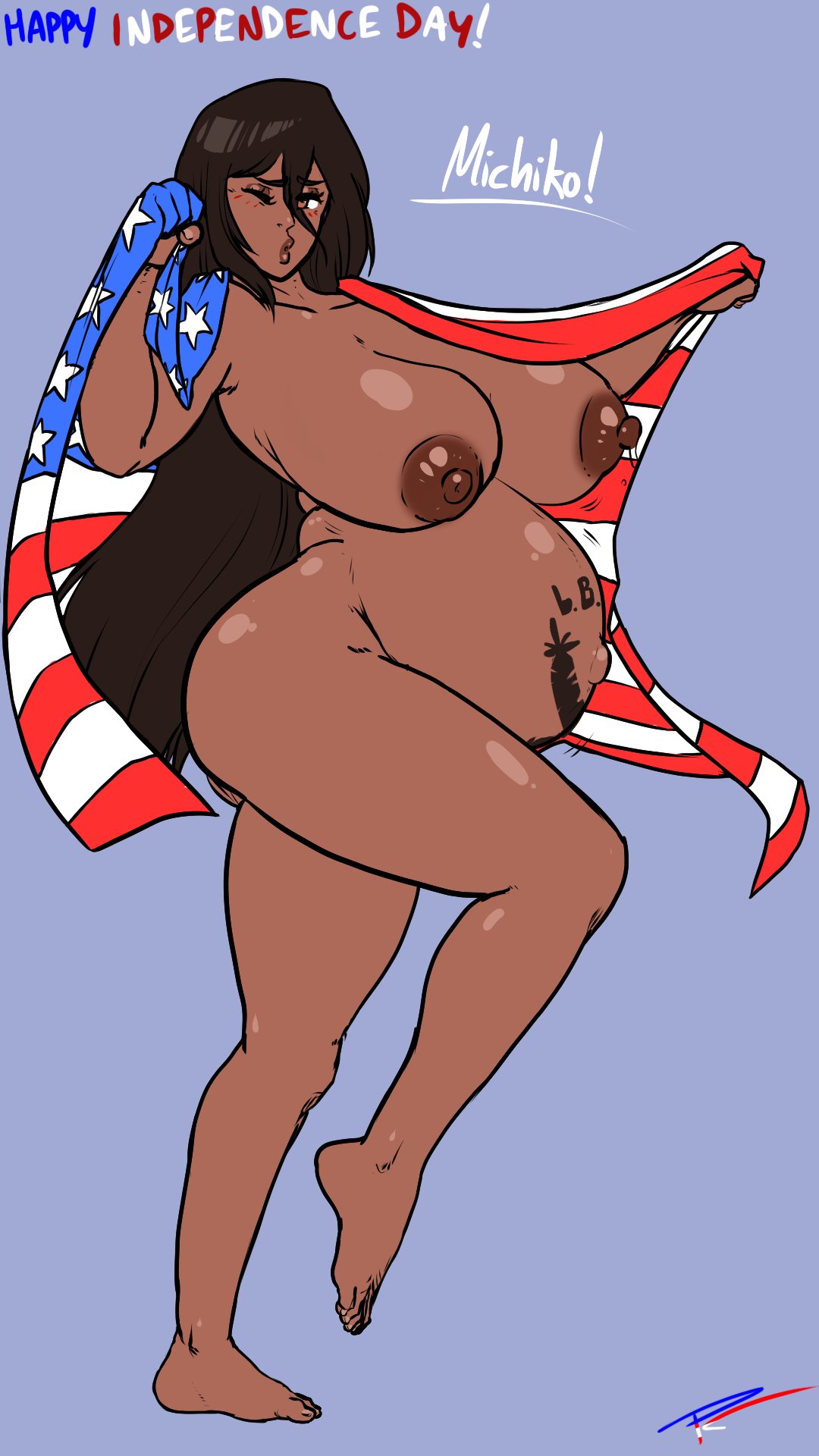 1girls, 4th of july, afrolatina, american flag, areolae, belly, big belly, big breasts, black hair, blush, brazilian female, breasts, brown eyes, dark skin, dark-skinned female, english text, fakeryway, female, female only, huge breasts, large breasts, latina, long hair, michiko malandro, michiko to hatchin, nipples, nude, one eye closed, outie navel, pleasure castle, pregnant, pregnant belly, pregnant female, simple background, solo, solo female, tattoo, tattoo on belly, text, wink