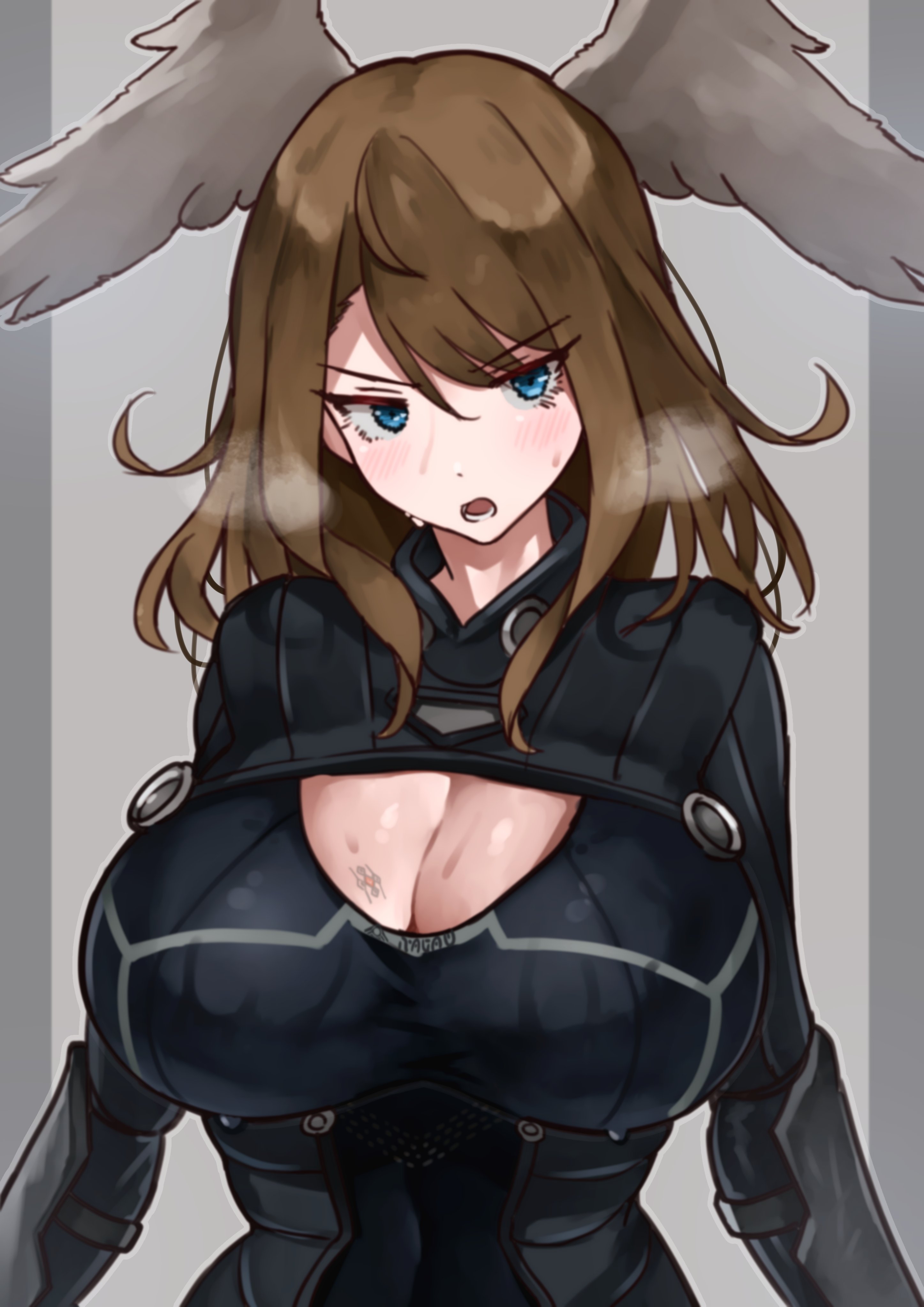 1girls, black clothing, blue eyes, blush, breasts, brown hair, cleavage, cleavage cutout, cleavage window, eunie (xenoblade), female, high entia, hourglass figure, large breasts, looking at viewer, oniisan02b, shiorino mani (artist), wings on head, xenoblade (series), xenoblade chronicles 3, yotsuhauni