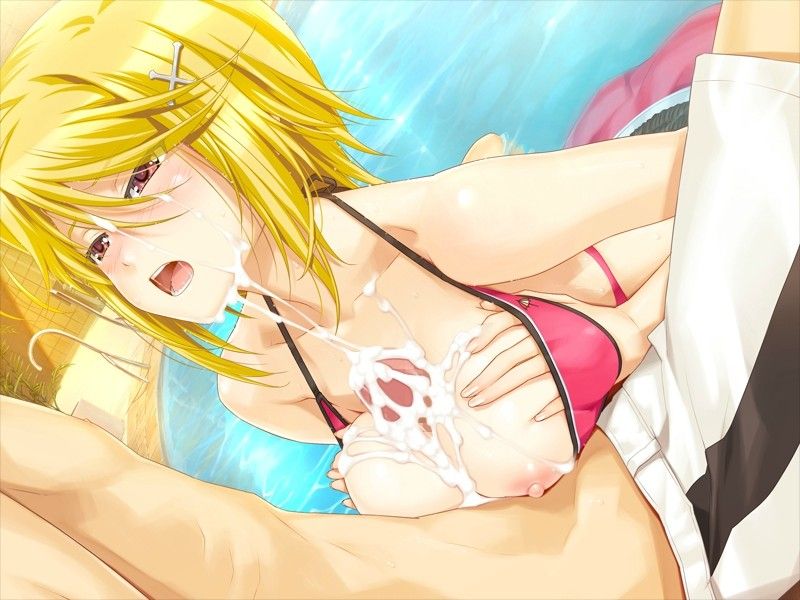 1boy 1girls bikini blonde_hair breasts censored classy_cranberry's cum cum_on_body cum_on_breasts cum_on_upper_body cum_string cum_trail facial female game_cg happoubi_jin kura_kura male paizuri penis straight swimsuit