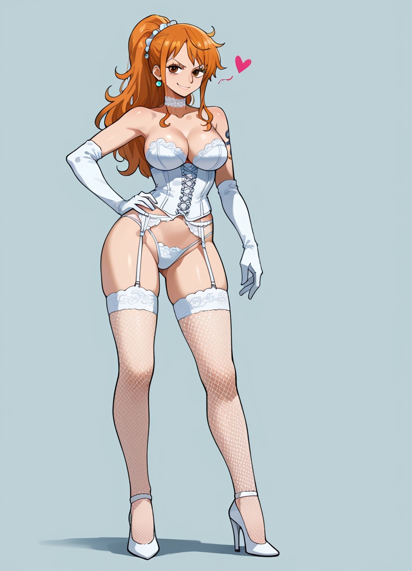 1girls, ai generated, arm tattoo, black socks, blue tattoo, bridal lingerie, choker, corset, elbow gloves, female, female only, fishnet legwear, fishnet socks, fishnet thighhighs, fishnets, hand on hip, heart, heels, high heels, lace-trimmed socks, lace-trimmed thighhighs, lingerie, nami (one piece), one piece, orange hair, orange-haired female, ponytail, socks, socks and heels, tagme, tattoo, thigh socks, thighhighs