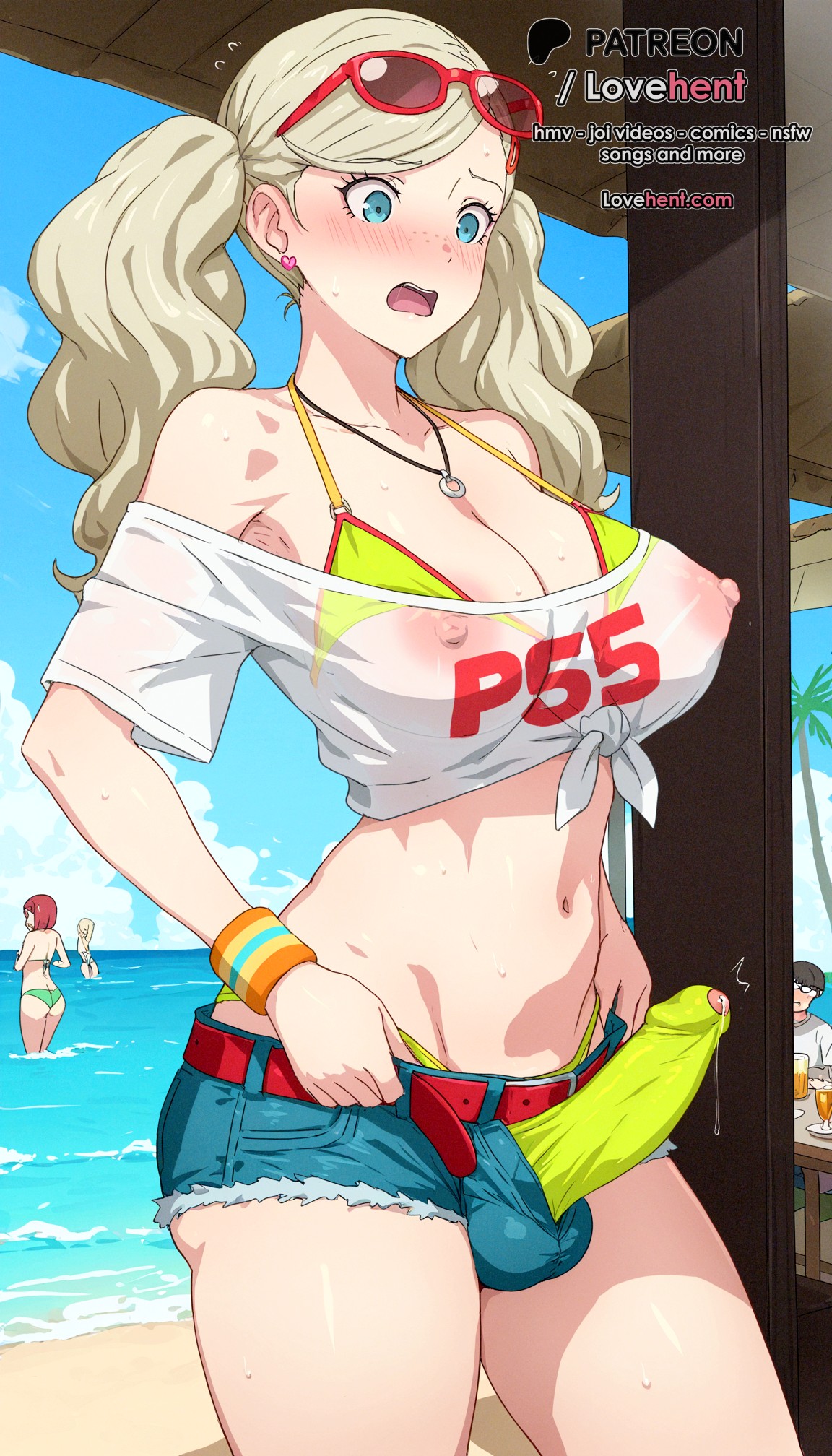 1futa, ai generated, alternate breast size, ann takamaki, ann takamaki (strikers casual), ass, balls, beach, belt, bikini, bikini under clothes, blonde hair, blue eyes, blue sky, blush, breasts, bulge, cleavage, cloud, covered balls, covered nipples, covered penis, crop top, day, denim, denim shorts, earrings, erection, erection under clothes, eyewear on head, female, flying sweatdrops, futanari, intersex, jewelry, large breasts, large penis, long hair, lovehent, multiple females, multiple girls, navel, necklace, nipples, ocean, open fly, open mouth, outdoors, palm tree, penis, penis awe, penis out, persona, persona 5, persona 5 scramble: the phantom strikers, precum, red hair, see-through, see-through shirt, shirt, short shorts, shorts, sky, solo focus, sunglasses, sweat, swimsuit, testicles, tied shirt, tree, twintails, uncensored, water, wet