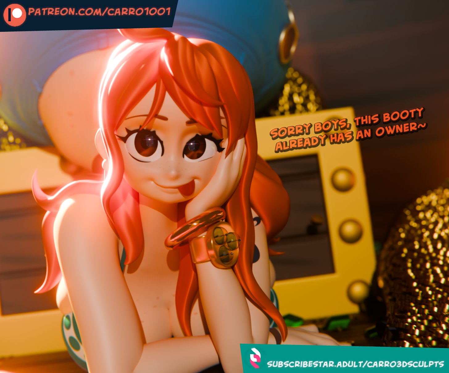 3d (artwork), bra, bracelet, brown eyes, carro3dsculpts, clothing, digital art, digital media (artwork), female, female only, nami (one piece), one piece, orange hair, teasing, tongue, tongue out