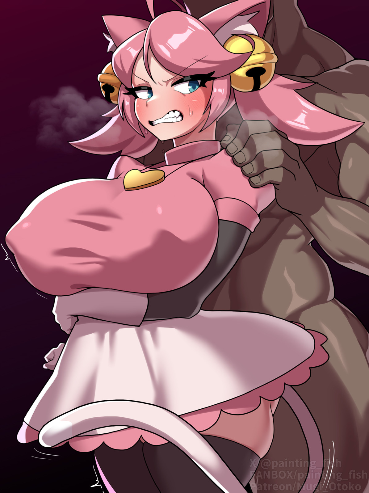 1boy, 1boy1girl, 1girls, 2024, angry, angry expression, angry face, annoyed, annoyed expression, bells, big breasts, blue eyes, blush, breasts, breasts bigger than head, cat ears, cat girl, catgirl, clothed, clothed female nude male, clothing, dark skin, dark-skinned male, faceless male, female, female focus, gloves, grabbing, grabbing from behind, light skin, light-skinned female, mad mew mew, maid, maid dress, male, mew mew (undertale), mew mew kissy cutie, mugiotoko, naked, naked male, nipple outline, nude, nude male, nude male clothed female, painting fish, pink hair, pink maid outfit, questionable consent, stockings, straight, sweat, sweating, tagme, tail, thick thighs, thigh highs, thighhighs, thighs, tight clothing, undertale