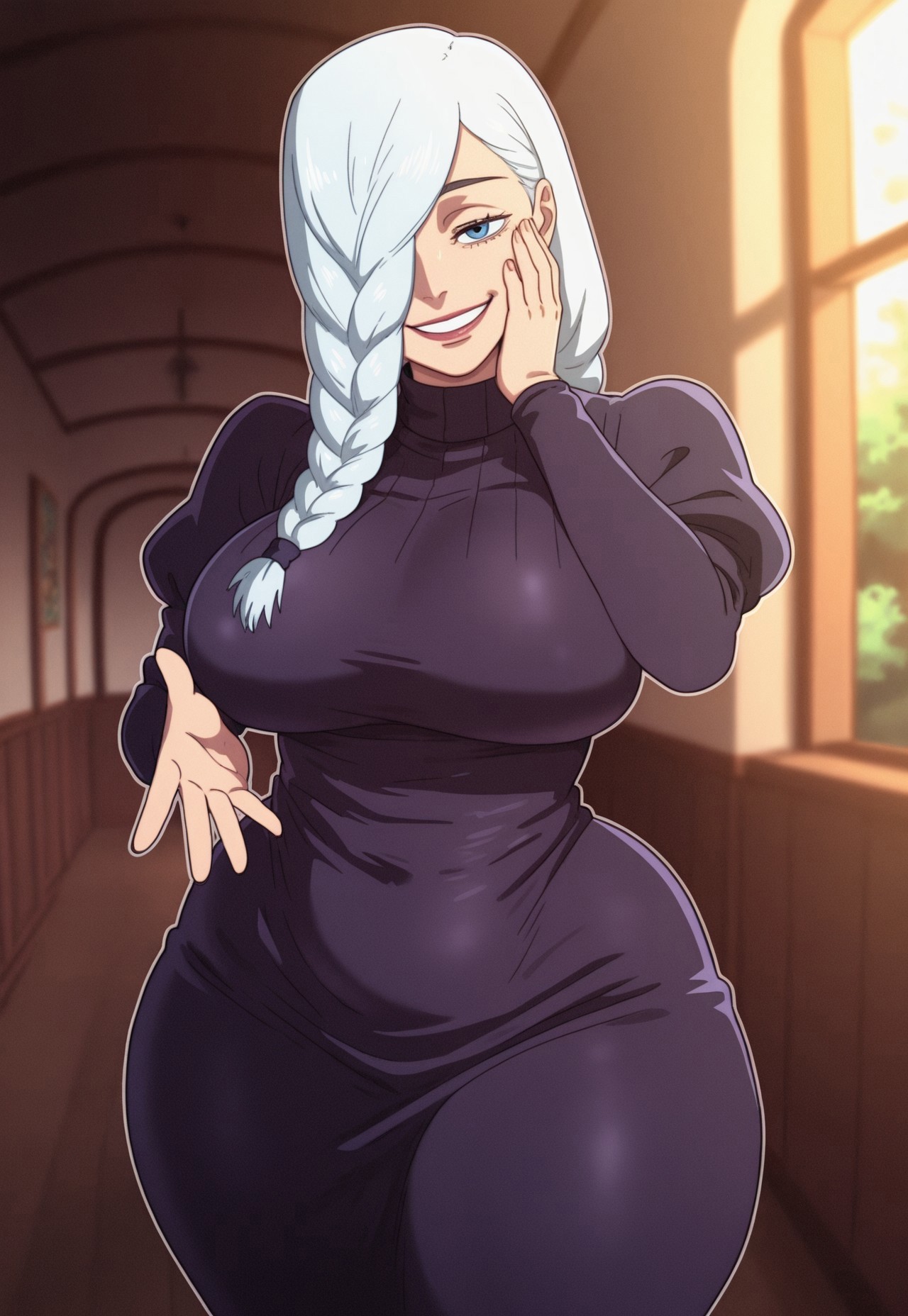 ai assisted, ai generated, belly button, big breasts, blue eyes, braid, braided hair, breasts, curvy, female, hair over one eye, jujutsu kaisen, long hair, mature female, mei mei (jujutsu kaisen), milf, thick thighs, thighs, white hair, 後gotoh