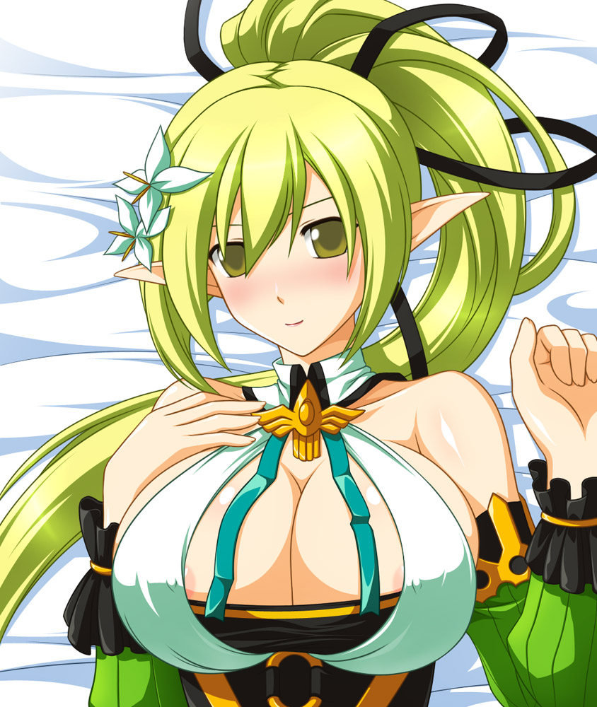 areolae blonde_hair blush breasts cleavage detached_sleeves elf elsword hair_ornament high_ponytail kafu large_breasts long_hair lying pointy_chin pointy_ears ponytail rena_(elsword) smile tied_hair wind_sneaker_(elsword) yellow_eyes