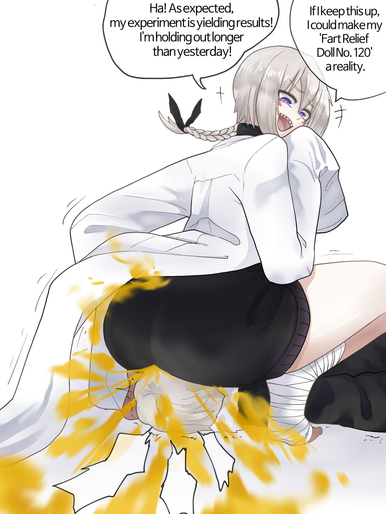 1femboy, ass, bubble ass, bubble butt, coat, facesitting, fart, fart cloud, fart fetish, fart torture, farting, farting in face, farting on face, femboy, gasbox, male, male fart, purple eyes, sharp teeth, unknown character, white hair