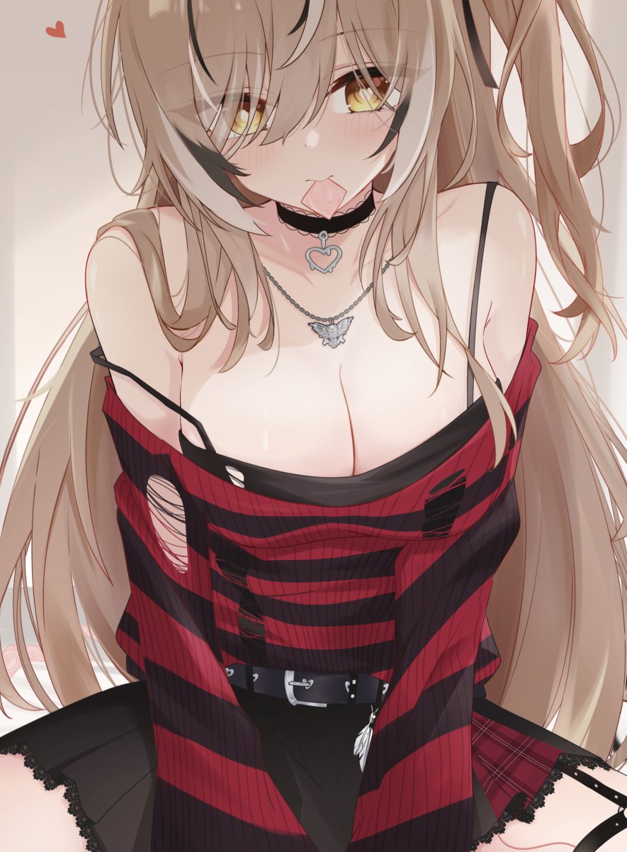 1girls, alternate breast size, alternate hairstyle, ass length hair, bare shoulders, black hair tie, black skirt, breasts, brown eyes, brown hair, choker, cleavage, clothed, condom, condom in mouth, female, female only, heart-shaped pupils, hololive, hololive english, hololive english -council-, hololive english -promise-, large breasts, light skin, light-skinned female, long hair, looking at viewer, nanashi mumei, nanashi mumei (4th costume), nanashi mumei (emo), narukahana, necklace, official alternate hairstyle, red shirt, shoulders, sitting, skirt, solo, tagme, virtual youtuber