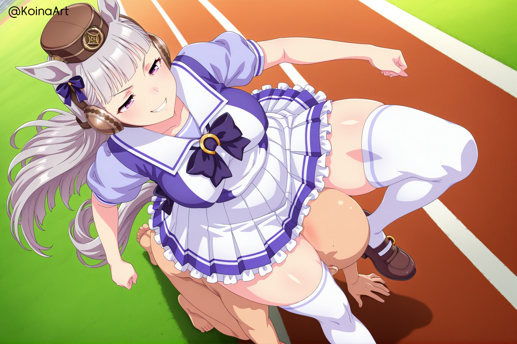 ai generated, ass, ass on face, ass smothering, breasts, dominant, dominant female, dominatrix, female, female domination, femdom, from above, gluteal fold, gold ship (umamusume), grin, highres, horse ears, horse girl, huge ass, koinaart, masochism, medium breasts, patreon, perky breasts, ponytail, sadistic, sailor collar, sailor uniform, skirt, smirk, smug, stable diffusion, summer uniform, thick thighs, umamusume, umamusume pretty derby, white shirt, zettai ryouiki