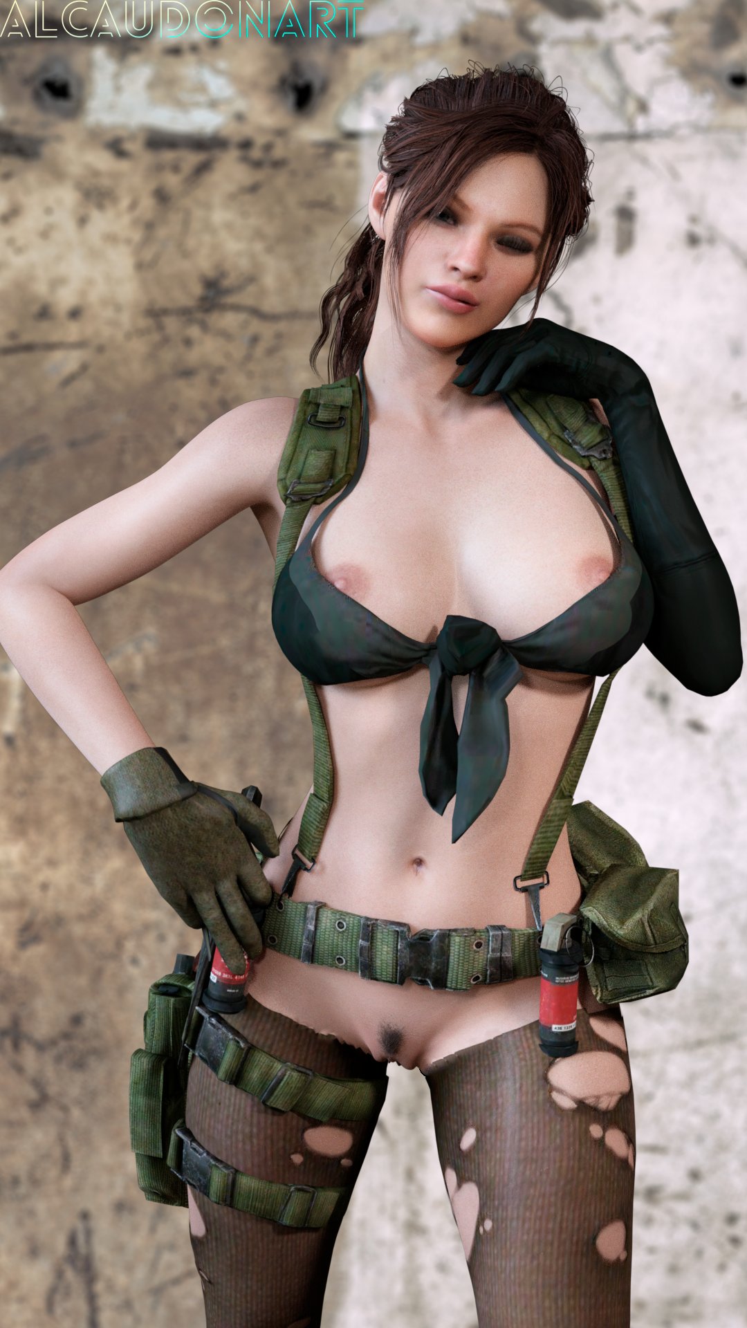 1girls, 3d, alcaudonart, big breasts, breasts, brown hair, capcom, claire redfield, claire redfield (jordan mcewen), female, female only, nipples, pubic hair, pussy, quiet (metal gear) (cosplay), resident evil, solo