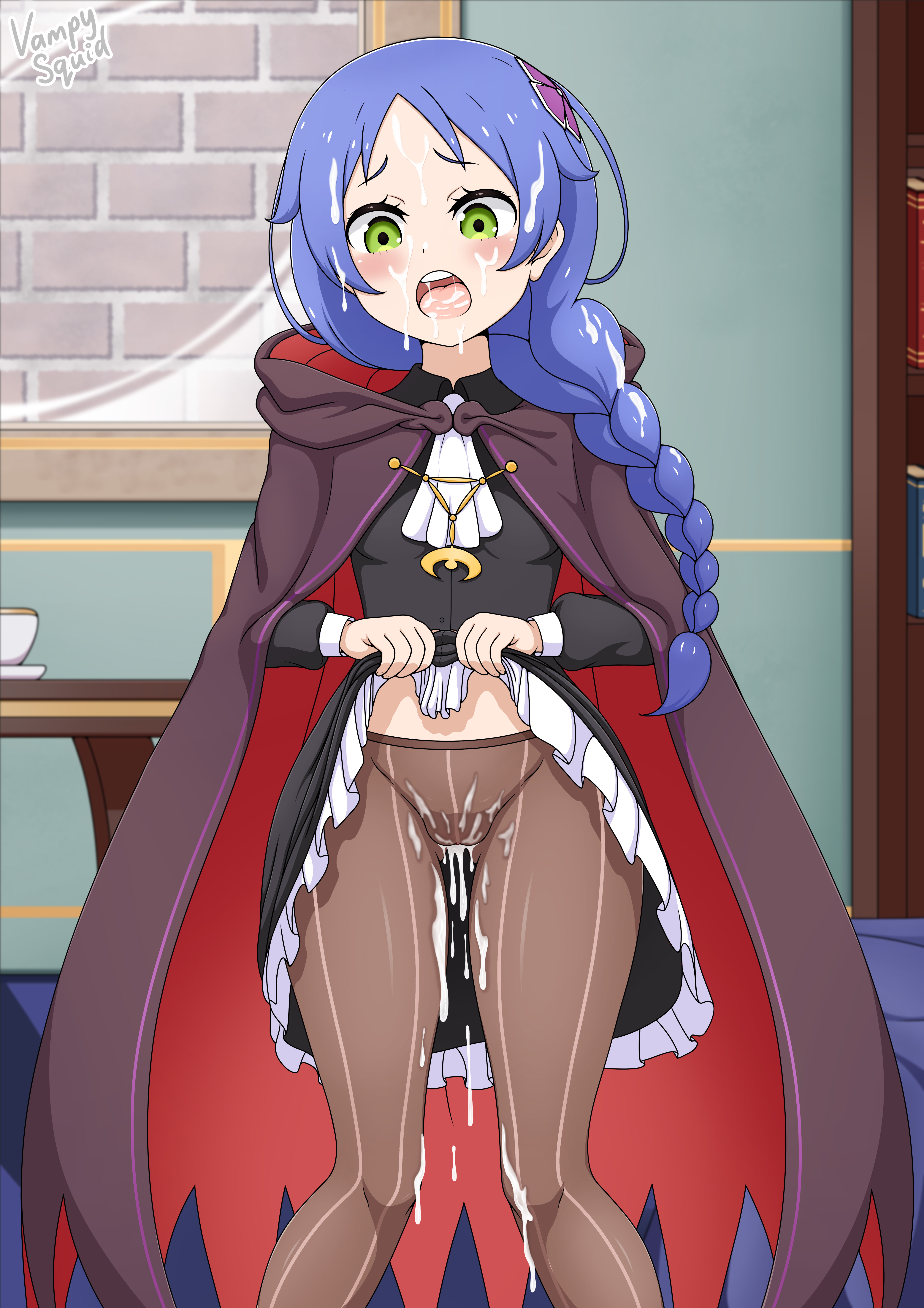 black dress, blue hair, blush, braid, cape, clothed, clothes lift, clothing, cum, cum in pussy, cum inside, cum on body, cum on leg, cum on legs, cum on lower body, cum on self, dress, dress lift, embarrassed, female, female focus, female only, fully clothed, green eyes, hips, hips wider than shoulders, indoor, indoor nudity, indoors, leggings, legs, legwear, lifting own clothes, lifting skirt, long hair, looking away, looking down, medium hair, meili portroute, open mouth, pantyhose, ponytail, pussy, pussy peek, pussy through clothing, re:zero kara hajimeru isekai seikatsu, see-through, see-through clothing, see-through panties, shy, vampy squid, villain, villainess, young, younger female