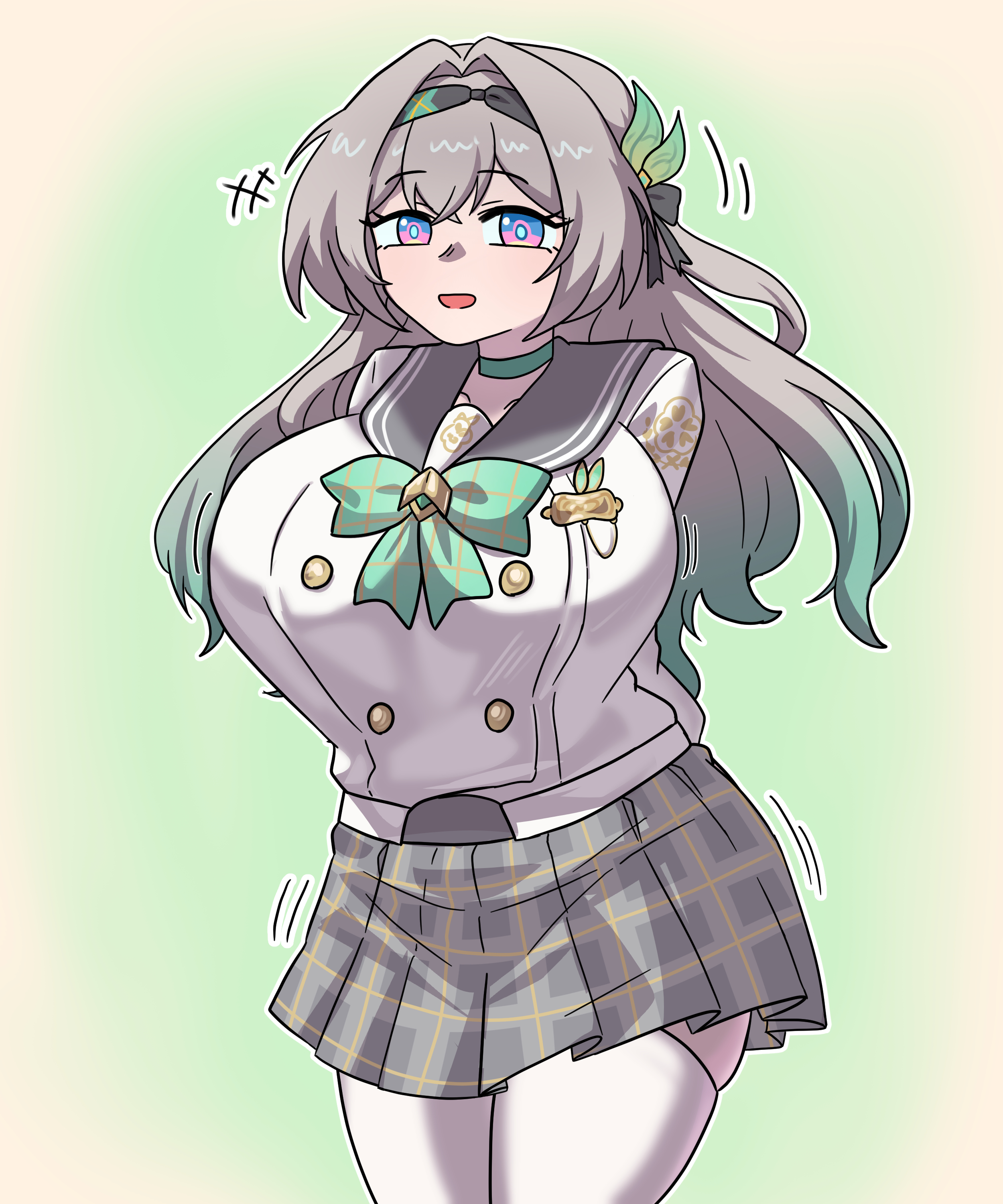 1girls, breasts, female, firefly (honkai: star rail), firefly (spring missive) (honkai: star rail), honkai: star rail, joeneko26, large breasts, long hair, looking at viewer, open mouth, plaid, plaid skirt, school uniform, skirt, solo, solo female, solo focus, thick thighs, thighhighs, thighs, two-tone hair, white thighhighs