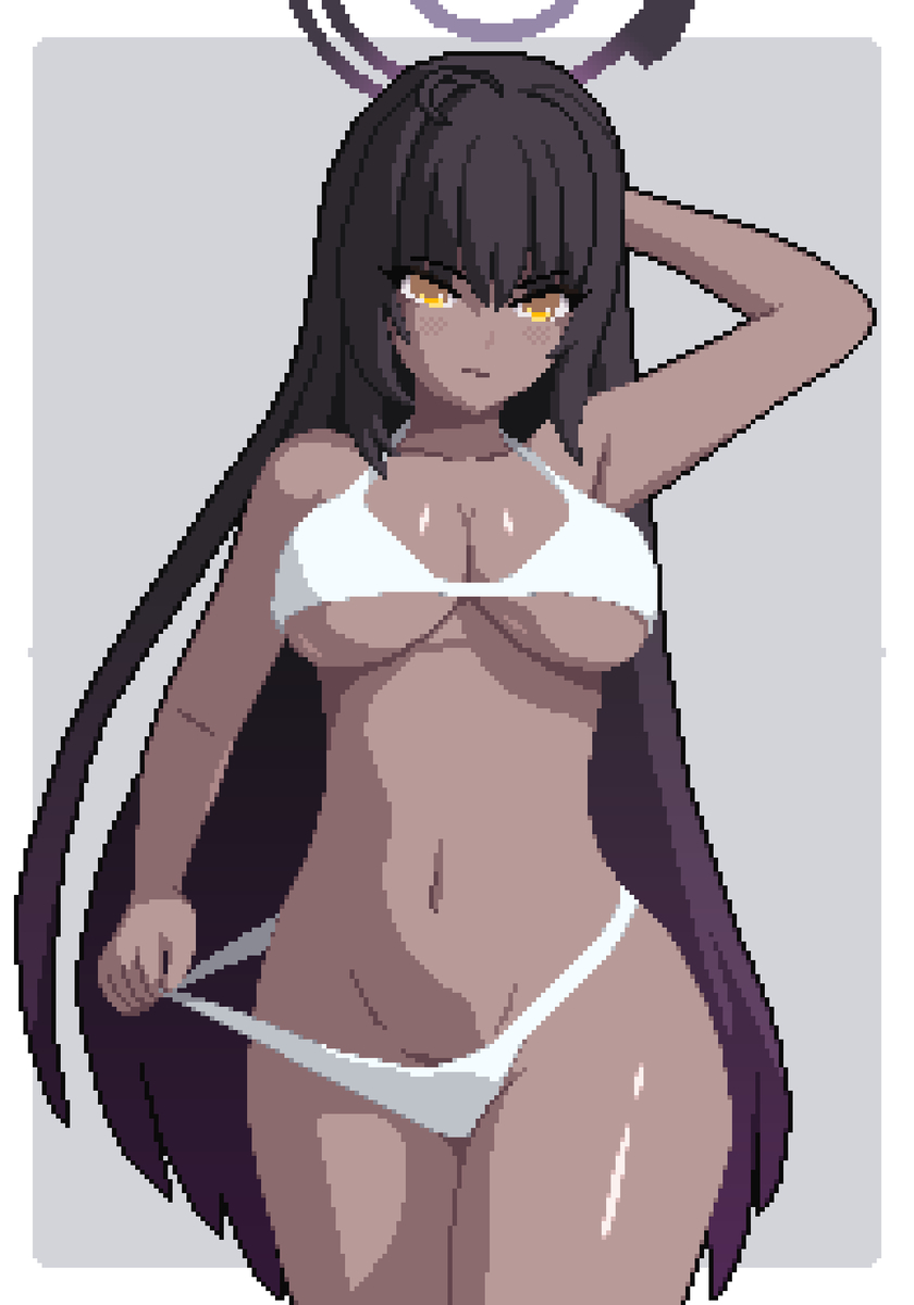 ass, big ass, big breasts, big butt, big thighs, big titties, blue archive, blue fur, breasts, brown skin, clothing, curvaceous, curvaceous female, curvaceous figure, curvy, curvy figure, curvy hips, female, karin (blue archive), long hair, pixel art, purple hair, seiko093, underwear