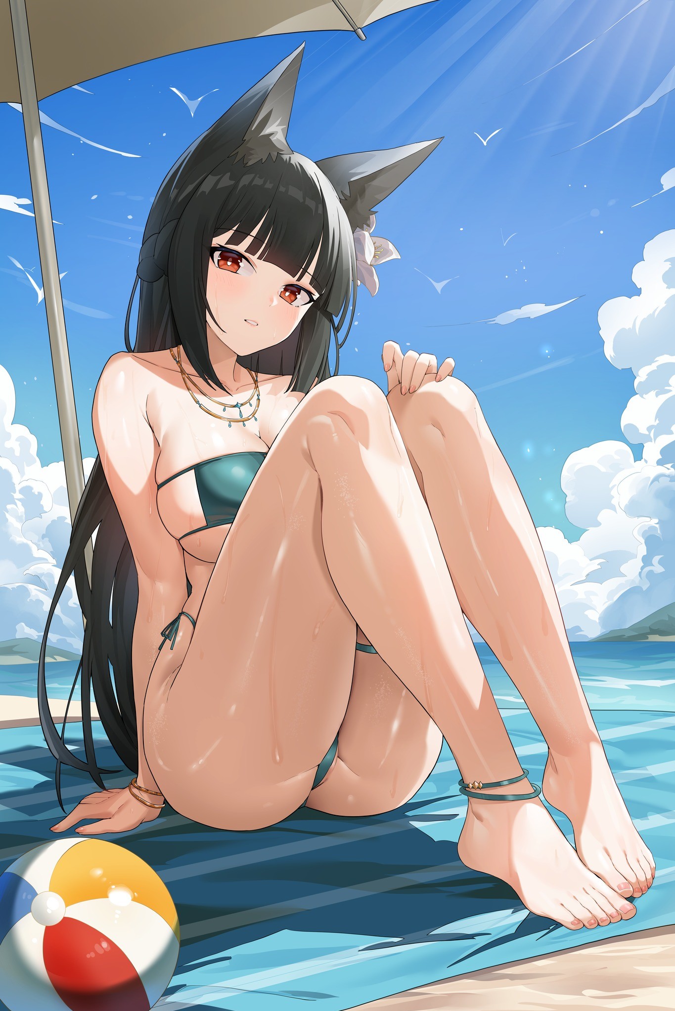 animal ears, barefoot, beach, beach ball, bikini, black hair, blush, breasts, collarbone, day, dysoor, female, flower, full body, green bikini, hair flower, hair ornament, highres, hoshimi miyabi, jewelry, large breasts, long hair, necklace, outdoors, parasol, parted lips, red eyes, side-tie bikini bottom, sitting, smile, solo, swimsuit, thighs, toes, umbrella, zenless zone zero