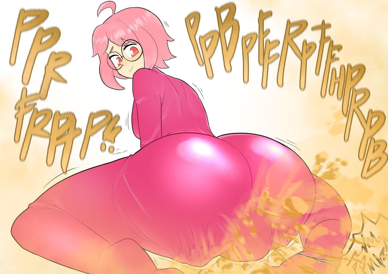 ass, ass bigger than torso, facesitting, fart, fart cloud, fart fetish, farting, farting in face, farting on face, fat ass, female, gasbox, glasses, huge ass, in clothes, looking down, pink eyes, pink hair, smile, thick thighs, tight clothing, tight fit, under clothes, wobbling ass