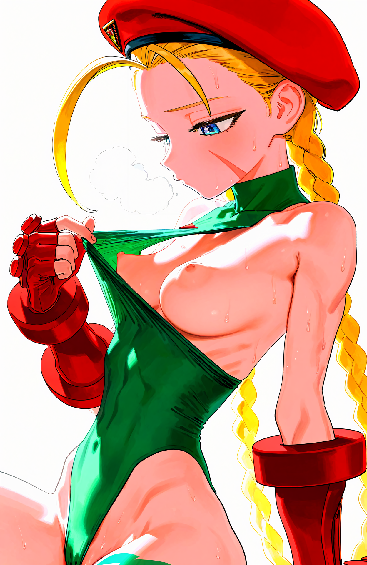 1girls, ai generated, areolae, barefoot, beret, breasts, cammy white, capcom, female, female only, hoshino akarii, leotard, leotard pull, nipples, solo, solo female, street fighter, sweaty body, white background