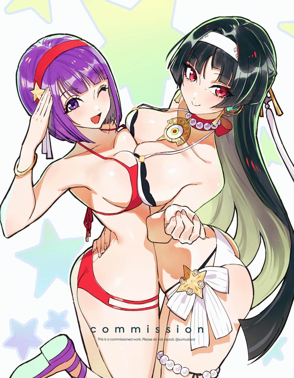 astra yao, athena asamiya, bikini, black hair, boob squish, boobs pressed, breasts, female, king of fighters, purple eyes, purple hair, red eyes, sumustard, swimsuit, zenless zone zero