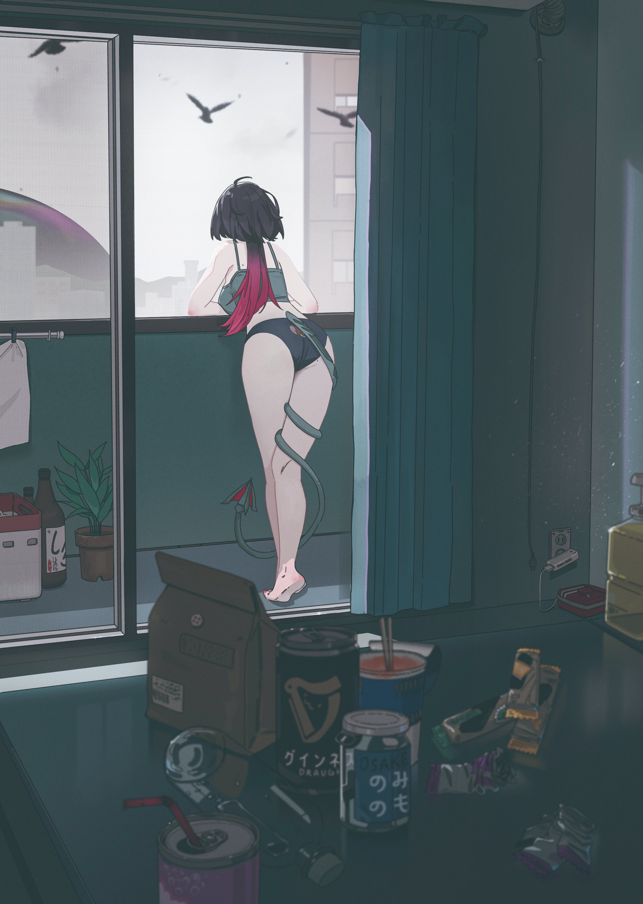 1girls, absurdres, alcohol, beer, bottle, camisole, can, drink can, drinking straw, female, food, from behind, full body, green camisole, highres, jane doe (zenless zone zero), midfinger, mouse girl, mouse tail, noodles, ramen, sharp tail, solo, tail, underwear, zenless zone zero