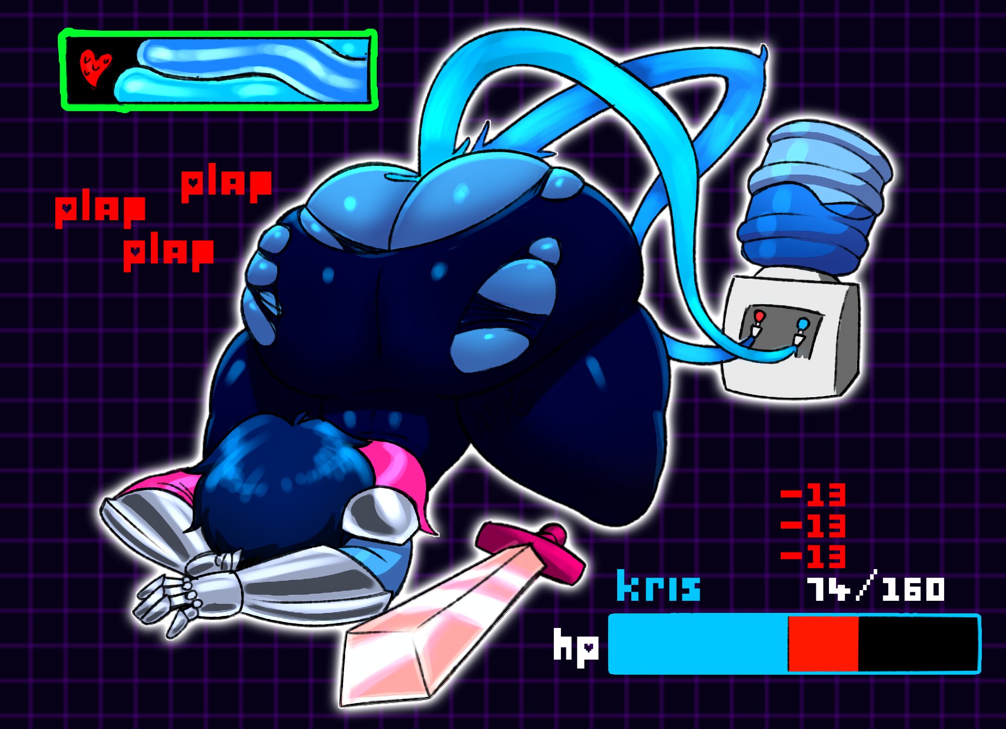 1ambiguous, ambiguous gender, ankolewd, ass, ass expansion, ass inflation, bent over, blue body, deltarune, deltarune chapter 3, enormous ass, expansion, fat ass, huge ass, kris (deltarune), object insertion, plap, ripped pants, tentacle, water cooler (deltarune), water inflation
