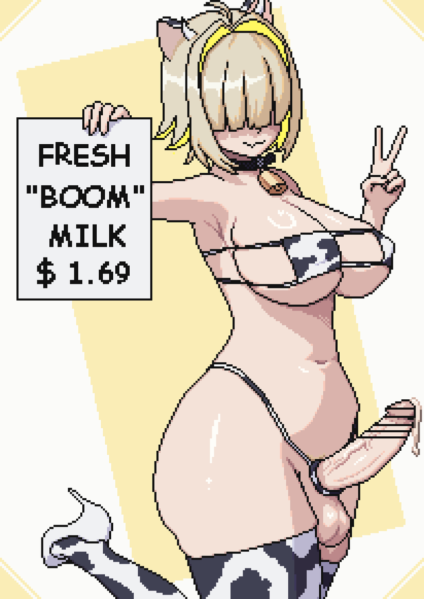 1futa, ass, big ass, big breasts, big butt, big penis, big thighs, big titties, bikini, breasts, clothing, cow bikini, curvaceous, curvaceous female, curvaceous figure, curvy, curvy figure, curvy hips, elegg (nikke), female, futa focus, futa only, futanari, goddess of victory: nikke, intersex, penis, pixel art, seiko093, short hair, thigh highs, yellow hair