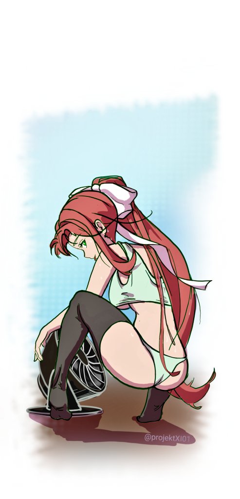 1girls, breasts, brown hair, busty, doki doki literature club, fan, female, green eyes, hairbow, hot, light skin, light-skinned female, monika (doki doki literature club), panties, ponytail, projektxi01, sweat, tank top, thighhigh socks, thighhighs, underboob