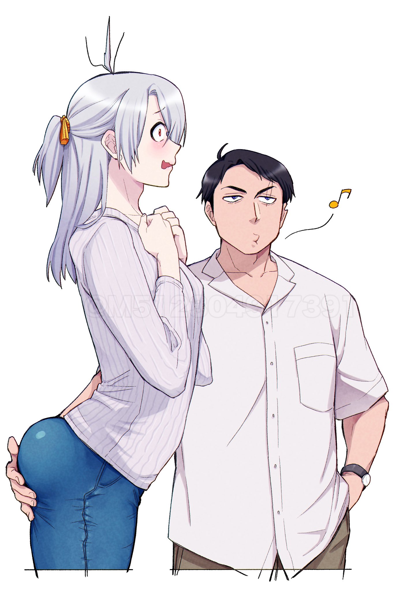 2boys, androgynous, ass, ass grab, big ass, blush, bubble ass, bubble butt, dilf, embarrassed, embarrassed femboy, embarrassed male, femboy, femboy dilf, fully clothed, gay, gegege no kitarou, groping, groping ass, jeans, kitarou tanjou gegege no nazo, light skin, light-skinned male, long hair, long-haired male, m512304917391, male, male only, medama oyaji (human), mizuki (gegege no kitarou), pale skin, pale-skinned male, surprised, sweater, tied hair, white hair, yaoi