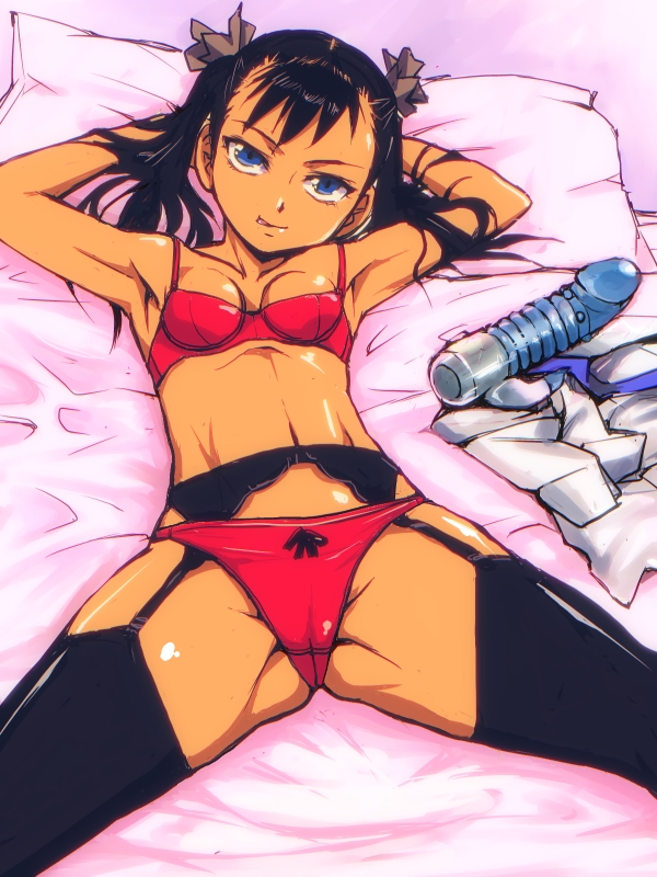 1girls arms_behind_head bed black_hair blue_eyes bra breasts cameltoe clothes_removed dildo female flat_chest garter_belt kamisimo_90 licking_lips lingerie looking_at_viewer lying midriff naughty_face original panties panties_on_outside pillow pixiv16315 sheets solo spread_legs tan_skin tied_hair tongue twintails underwear vibrator