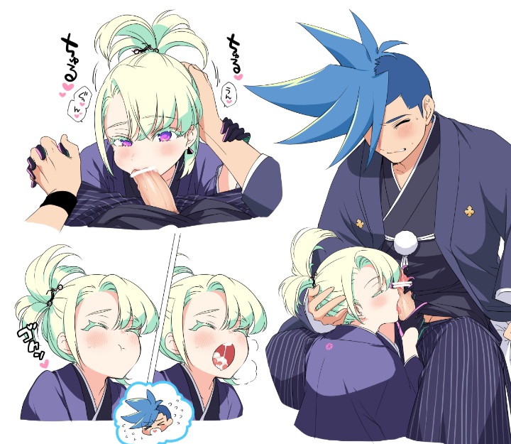 2boys, androgynous, blowjob, burrrntlemon, clothed, clothing, fellatio, femboy, galo thymos, holding hands, japanese clothes, japanese clothing, lio fotia, male, promare, twink, yaoi