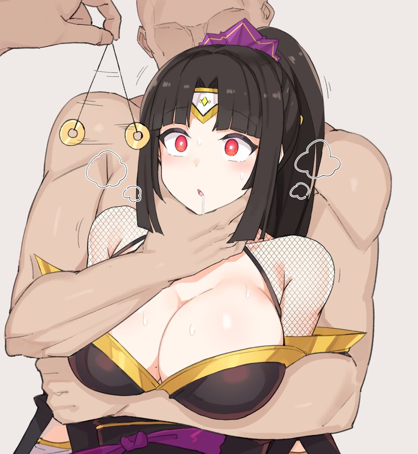 black hair, cleavage, coin, coin on string, drooling, female, femsub, fishnet, hypnosis, jg803, kunoichi zero, last origin, long hair, mind control, pendulum, red eyes, restrained, simple background, sweat, white background