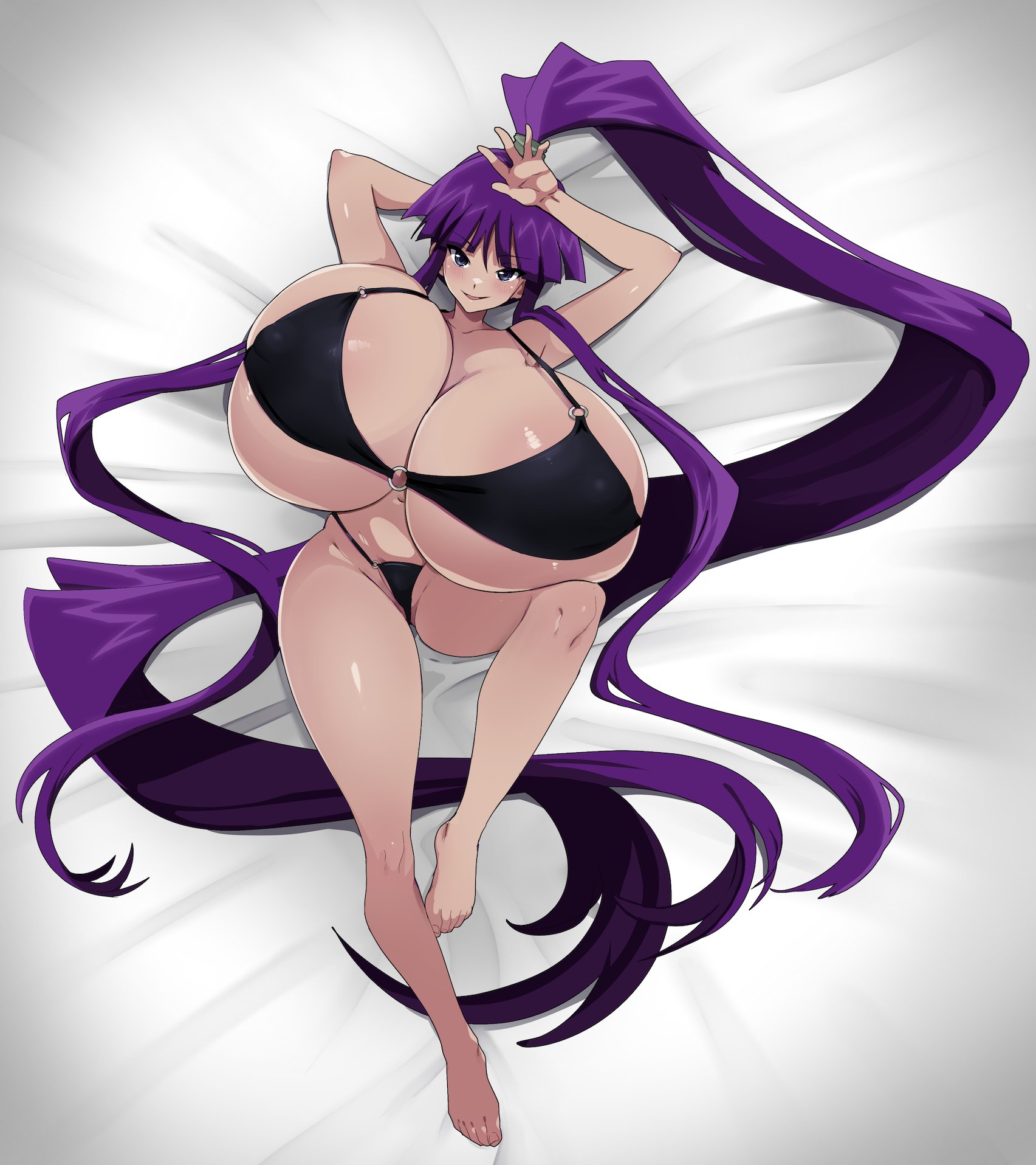 bikini, black bikini, breasts, eiken, female, gigantic breasts, kirika misono, long hair, lying, nashirasauce, o-ring, o-ring bikini, on back, on bed, ponytail, purple eyes, purple hair, swimsuit, very long hair