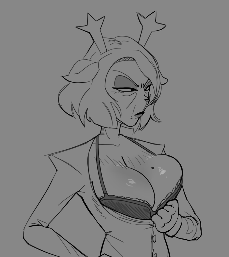 big breasts, bra, breasts, carol holiday, closed mouth, colorless, corners of the mouth, deer, deltarune, deltarune chapter 4, eyeshadow, female, front view, grayscale, half-closed eyes, hand on breast, hand on hip, huge breasts, kitapult, looking aside, medium hair, milf, mole, mole on breast, nasojugal grooves, nasolabial folds, no color, opening jacket, plain background, side view, simple background, undertale (series), viewed from front, viewed from side