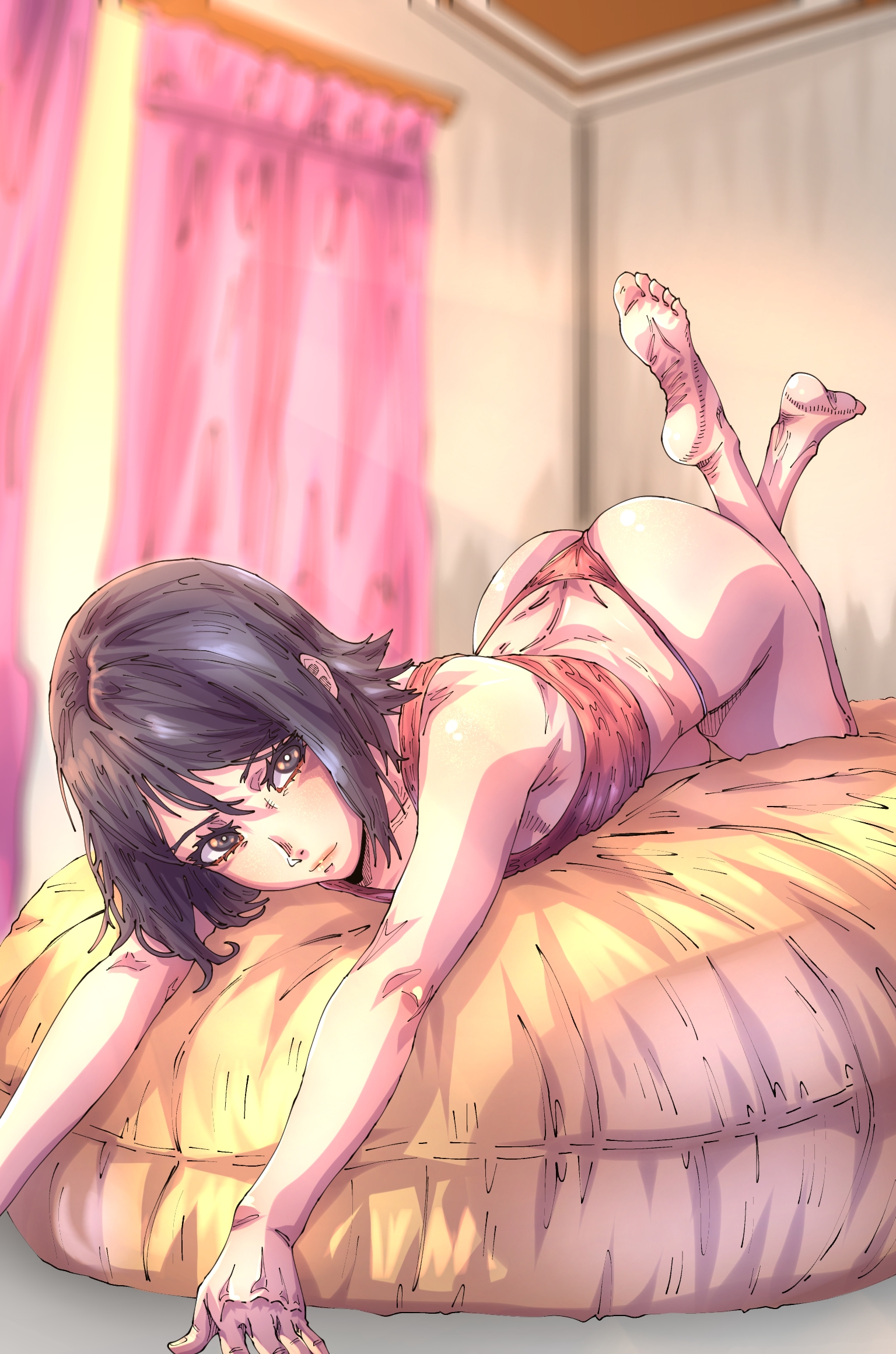 alternate costume, amphyshira, arched back, ass, ass up, black hair, boruto: naruto next generations, clothed, feet up, female, female only, flat chest, highres, laying down, laying on bed, looking at viewer, messy hair, naruto, naruto (series), sarada uchiha, solo, thong
