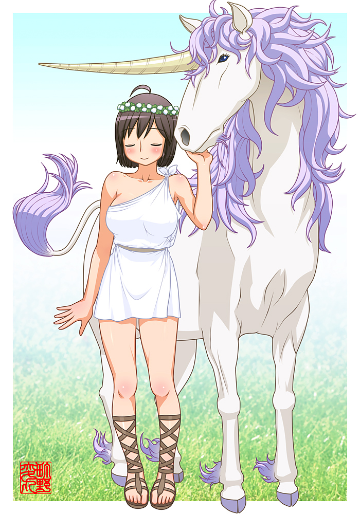 big_breasts blush breasts closed_eyes cross-laced_footwear cross-laced_sandals dark_hair female grass horn horse large_breasts machino_henmaru medium_breasts no_bra outdoors sandals short_hair standing tail unicorn zoophilia